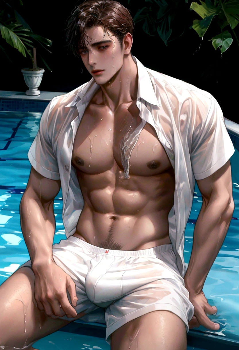 A wet handsome man, male in a wet white shirt and boxers sitting on the pool, big chest, handsome man, handsome guy, handsome stunning realistic, portrait of a handsome man, clothed in wet white shirt, sweat, ((best quality)), ((masterpiece)), (detailed)