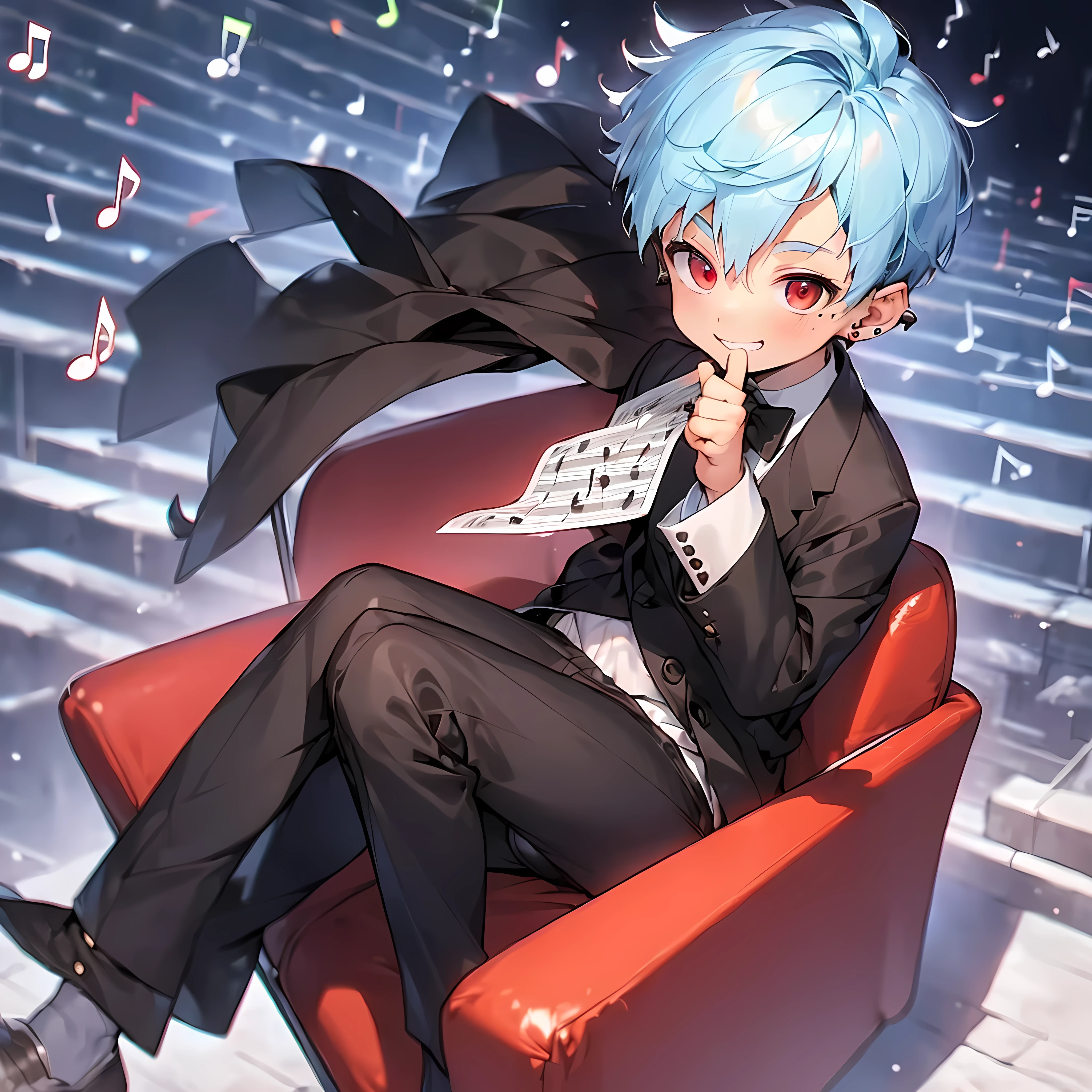 (solo:2.5), (boldline:-1.7), (put index finger on mouth:1.5), (((((musical notes))))), (sitting on red chair:1.5), (((fang))), (((best finger))), BREAK (best quality:1.5), (absolutely resolution:1.5), (ultra detailed:1.5), (masterpiece:1.5), (perfect face), (detailed face), (detailed eyes), (best eyes), (cute face), (shota:2), BREAK (tuxedo:1.5), (bulge:1.6), (skinny:1.3), BREAK (light blue hair:1.5), (spiked hair), (wine red eyes:1.4), (eyes with highlight:1.6), ((mole under eye)), (sweaty skin), (grin:1.5), ((earrings)), (shiny skin:1.3), BREAK (concert hall:1.5), (spot light:1.3), (at concert), (many people), ((wind blowing)), frow below,