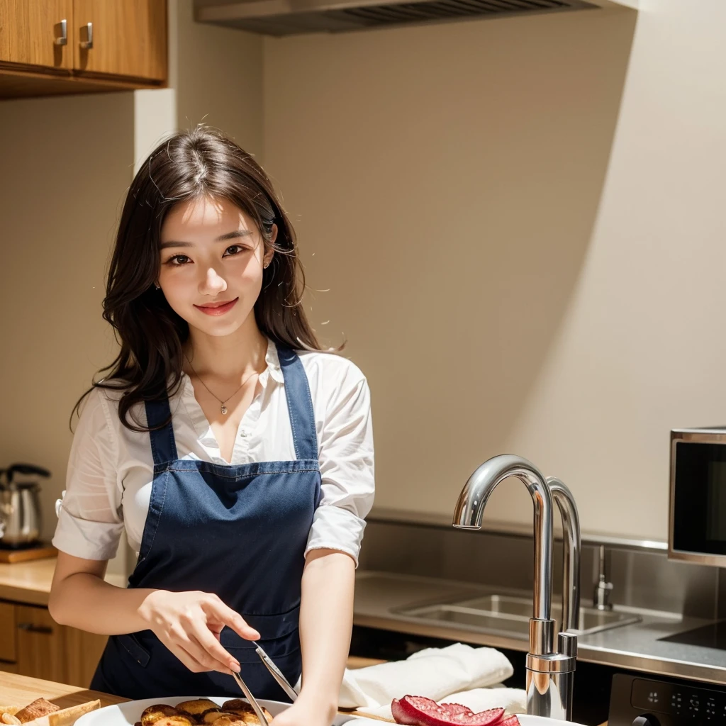 (Highest quality, 8K, masterpiece: 1.3), Beautiful woman with perfect figure: 1.4, Dark brown hair, Wearing a pendant, Wearing an apron, In the kitchen, Highly detailed face and skin, Fine grain, double eyelid, Big Breasts, smile
