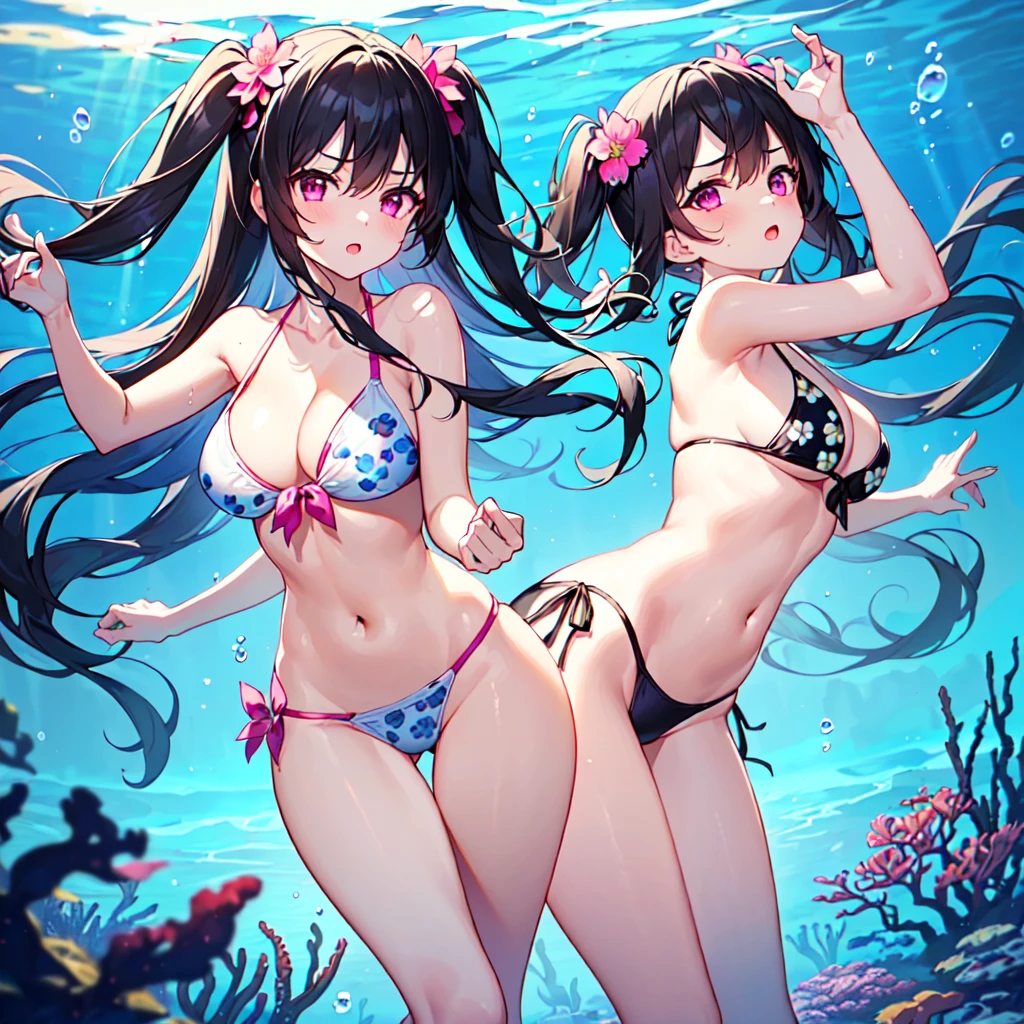 masterpiece, best quality, high quality, extremely detailed, very delicate and beautiful, (2female 18 years old two:1.3), (long black hair up to waist with two side up:1.4), bangs to eyebrows, eyes (1.4), (long black hair, two-side up to waist:1.4), (forelock to eyebrows), (eyes sharp and strong, glossy glossy eyes, eyebrows glossy: 1.3), (eye color magenta: 1.3), 6.5 head height, (summer flower print in bikini swimsuit: 1.3), (swimming: 1.3), (dynamic pose), (background deep sea underwater: 1.3)