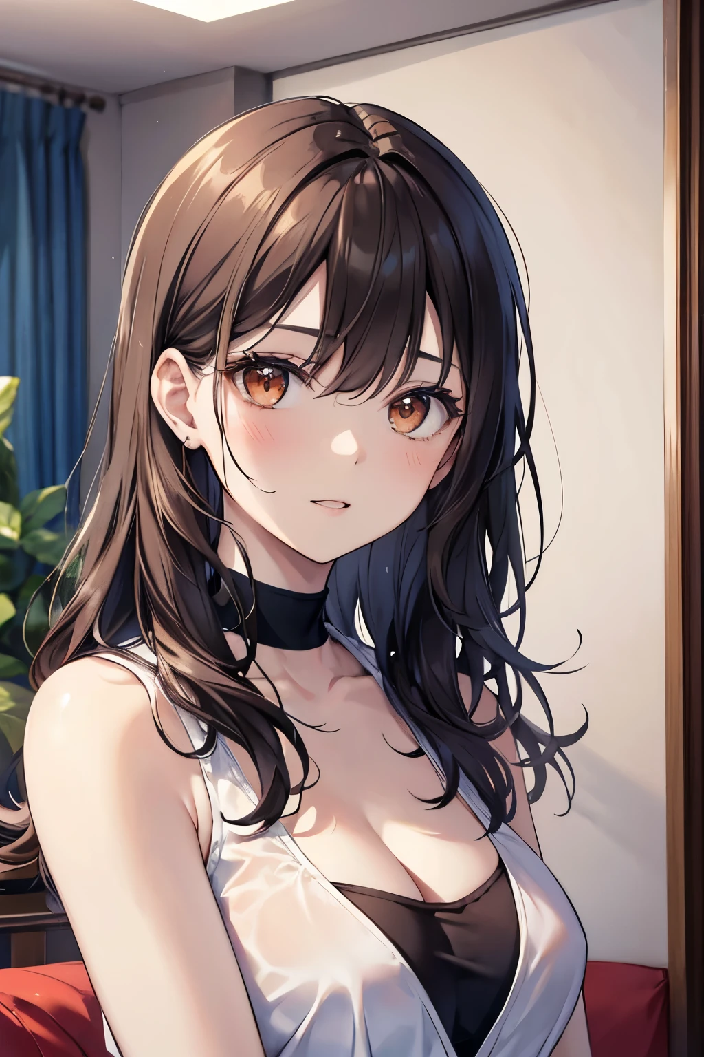 From below、5 biologically correct fingers、Placing hand on cheek、Cleavage、Upper Body, Realistic, Real person, (Pale skin: 1.2), RAW Photos, Realistic, Shiny skin, Shiny Hair、(A 25-year-old woman with medium-length hair and bangs) and (Wavy Hair) and (Brown Hair) and (Orange eyes) , Wearing a white tank top 、smile, Open your mouth, The background is the living room、alone、Are standing