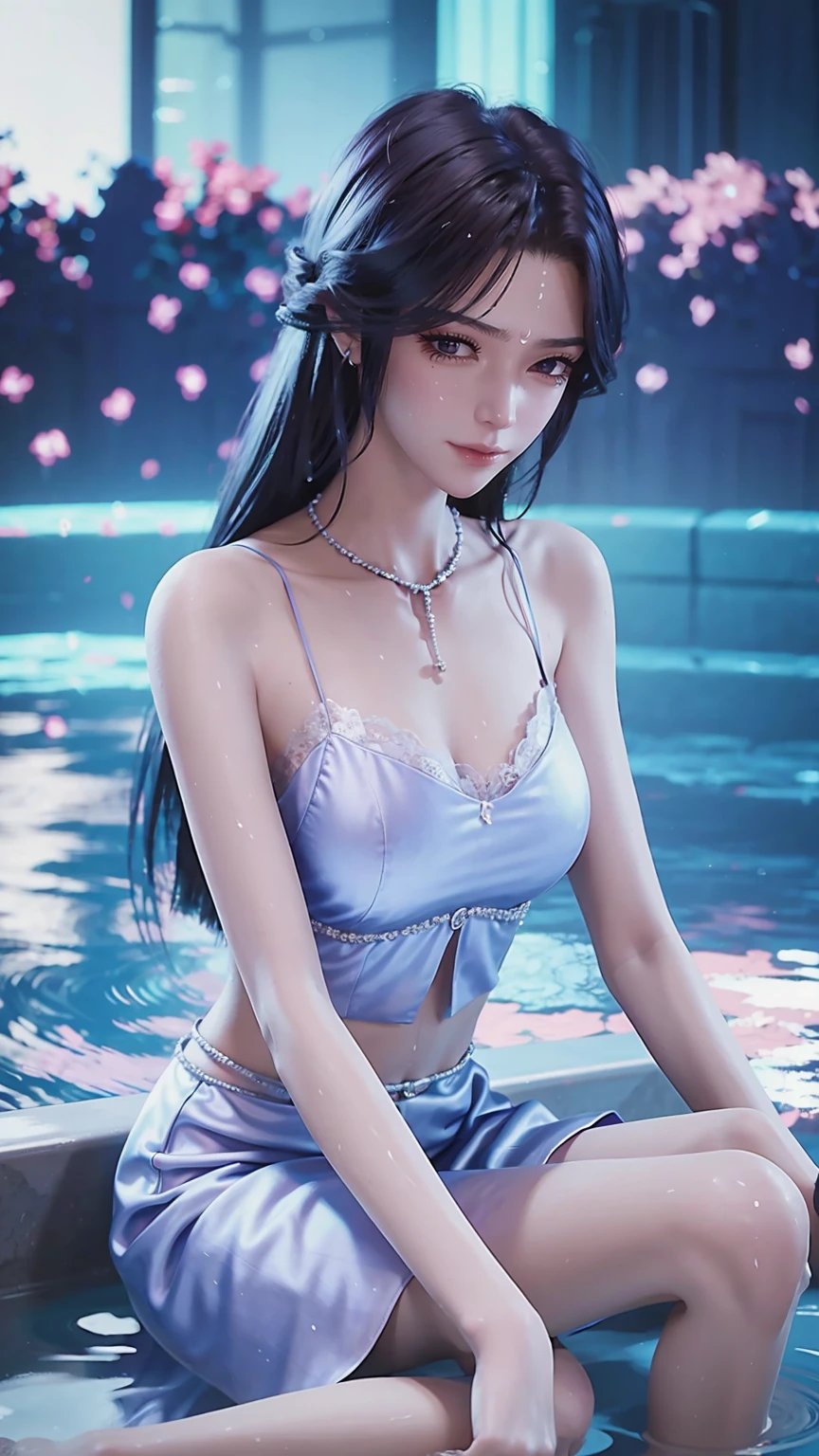 masterpiece, best quality, tthl, 1 Girl, , Solitary, Long hair:1.2, Large Breasts, Bangs, Hair accessories, skirt, Bare shoulders, Jewelry, Brown hair, Alternative clothing,  bracelet, ear rings, 长skirt, 蕾丝skirt, bracelet, barefoot, 细barefoot, Charming smile,Cross your legs, Sitting in the bathtub, indoors, From below，camisole，Wet all over，Water Magic，Wet