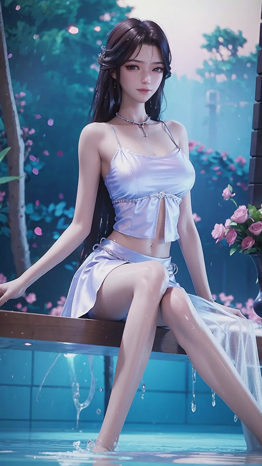 masterpiece, best quality, tthl, 1 Girl, ************, Solitary, Long hair:1.2, Large Breasts, Bangs, Hair accessories, skirt, Bare shoulders, Jewelry, Brown hair, Alternative clothing,  bracelet, ear rings, 长skirt, 蕾丝skirt, bracelet, barefoot, 细barefoot, Charming smile,Cross your legs, Sitting in the bathtub, indoors, From below，camisole，Wet all over，Water Magic，Wet