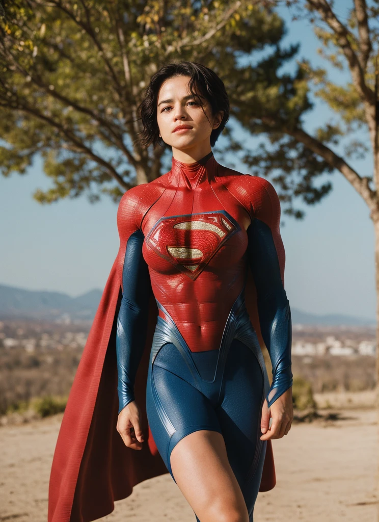 upper body photo of supergirl, short hair, bodysuit, red cape, regretful, outdoors sunny day, muscular jacked body,big bulging biceps, landscape, analog style (look at viewer:1.2) (skin texture), Fujifilm XT3, DSLR, 50mm  