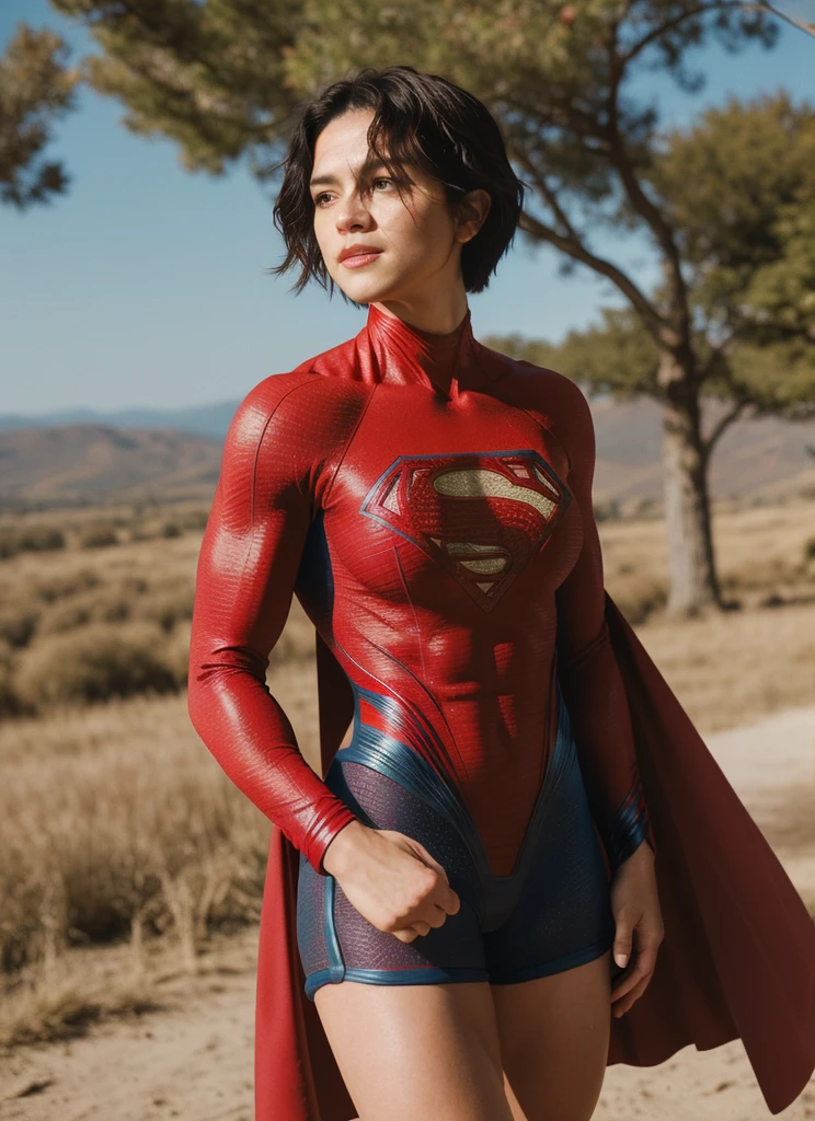 upper body photo of supergirl, short hair, bodysuit, red cape, regretful, outdoors sunny day, muscular jacked body,big bulging biceps, landscape, analog style (look at viewer:1.2) (skin texture), Fujifilm XT3, DSLR, 50mm  