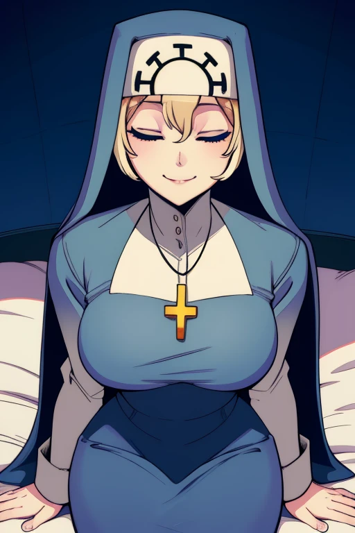 Double, short blonde hair, medium breasts, solo, smiling, cowboy shot, closed eyes,
blue habit, cross necklace ,long sleeves, nun,
(insanely detailed, beautiful detailed face,beautiful detailed eyes, masterpiece, best quality) sitting, bed, bedroom