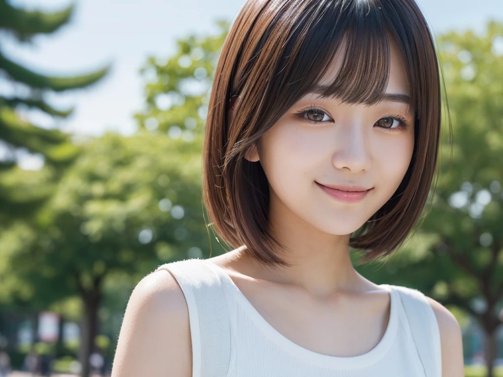 (best quality:1.2), masterpiece, Realistic, Ultra-high resolution, (((1 Japanese woman:1.2))), 17 years old, Bobcut, ((wearing write camisole:1.2)), smile, Park during the day