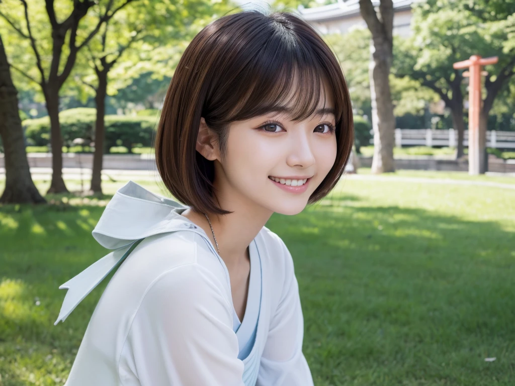 (best quality:1.2), masterpiece, Realistic, Ultra-high resolution, (((1 Japanese woman:1.2))), , Bobcut, ((wearing write camisole:1.2)), smile, Park during the day