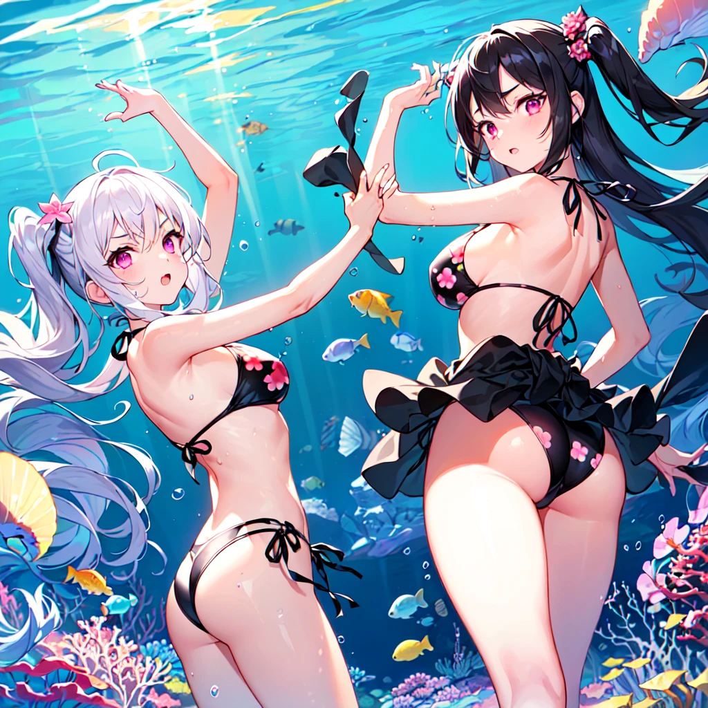 masterpiece, best quality, high quality, extremely detailed, very delicate and beautiful, (2female 18 years old two:1.3), (long black hair up to waist with two side up:1.4), bangs to eyebrows, eyes (1.4), (long black hair, two-side up to waist:1.4), (forelock to eyebrows), (eyes sharp and strong, glossy glossy eyes, eyebrows glossy: 1.3), (eye color magenta: 1.3), 6.5 head height, (summer flower print in bikini swimsuit: 1.3), (swimming: 1.3), (dynamic pose), (background deep sea underwater: 1.3)