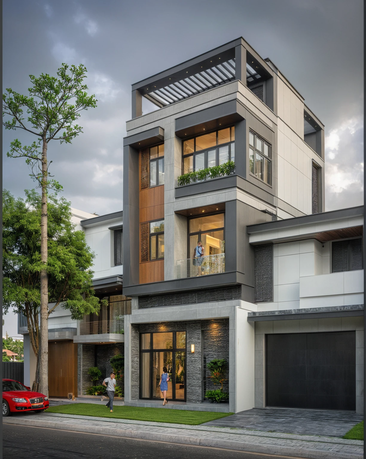 modern villa on street, (overcast lighting:1.2), tropical tree, vivid color, streetcapes, nice sky, grey and wwhite tone, (large glass door:1.2), warm interior lighting, modern material, best quality, ultra realistic, masterpiece, 17ArchiAI_XL_VL-v1