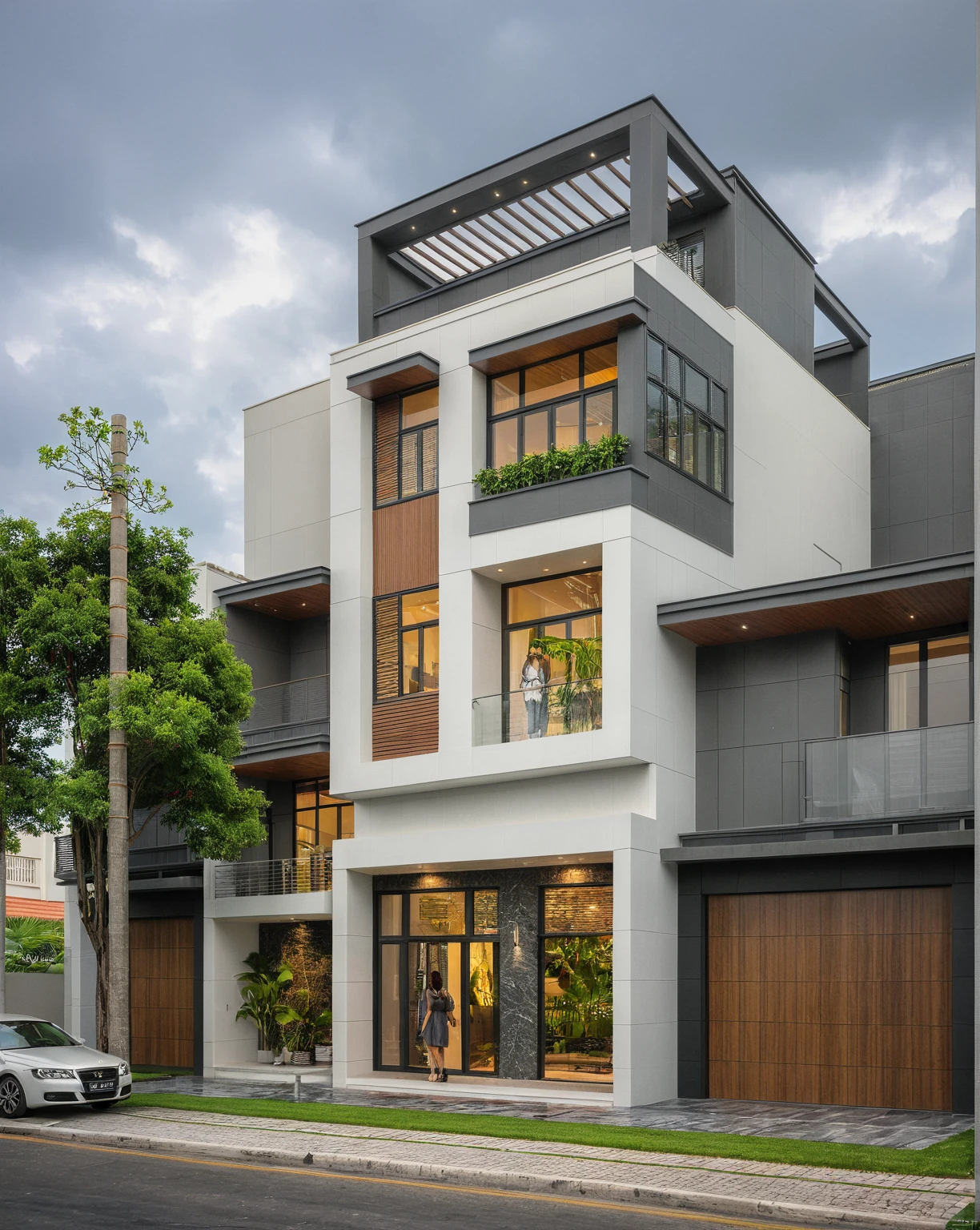 modern villa on street, (overcast lighting:1.2), tropical tree, vivid color, streetcapes, nice sky, grey and wwhite tone, (large glass door:1.2), warm interior lighting, modern material, best quality, ultra realistic, masterpiece, 17ArchiAI_XL_VL-v1