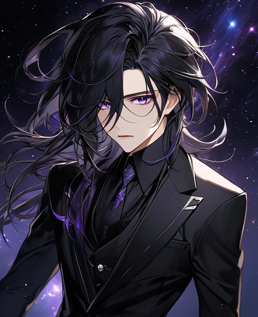 (black_hair), (dark_purple_eyes), (detailed_eyes), (attractive), (emotionless), (Deep_space_background), (male), (wearing _a_black_suit), (long_male_hair), (detailed_Hair), (detailed), (detailed_mouth), (mysterious), (complicated)