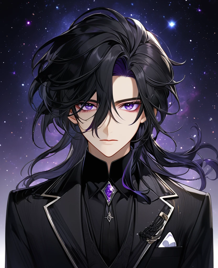 (black_hair), (dark_purple_eyes), (detailed_eyes), (attractive), (emotionless), (Deep_space_background), (male), (wearing _a_black_suit), (long_male_hair), (detailed_Hair), (detailed), (detailed_mouth), (mysterious), (complicated)