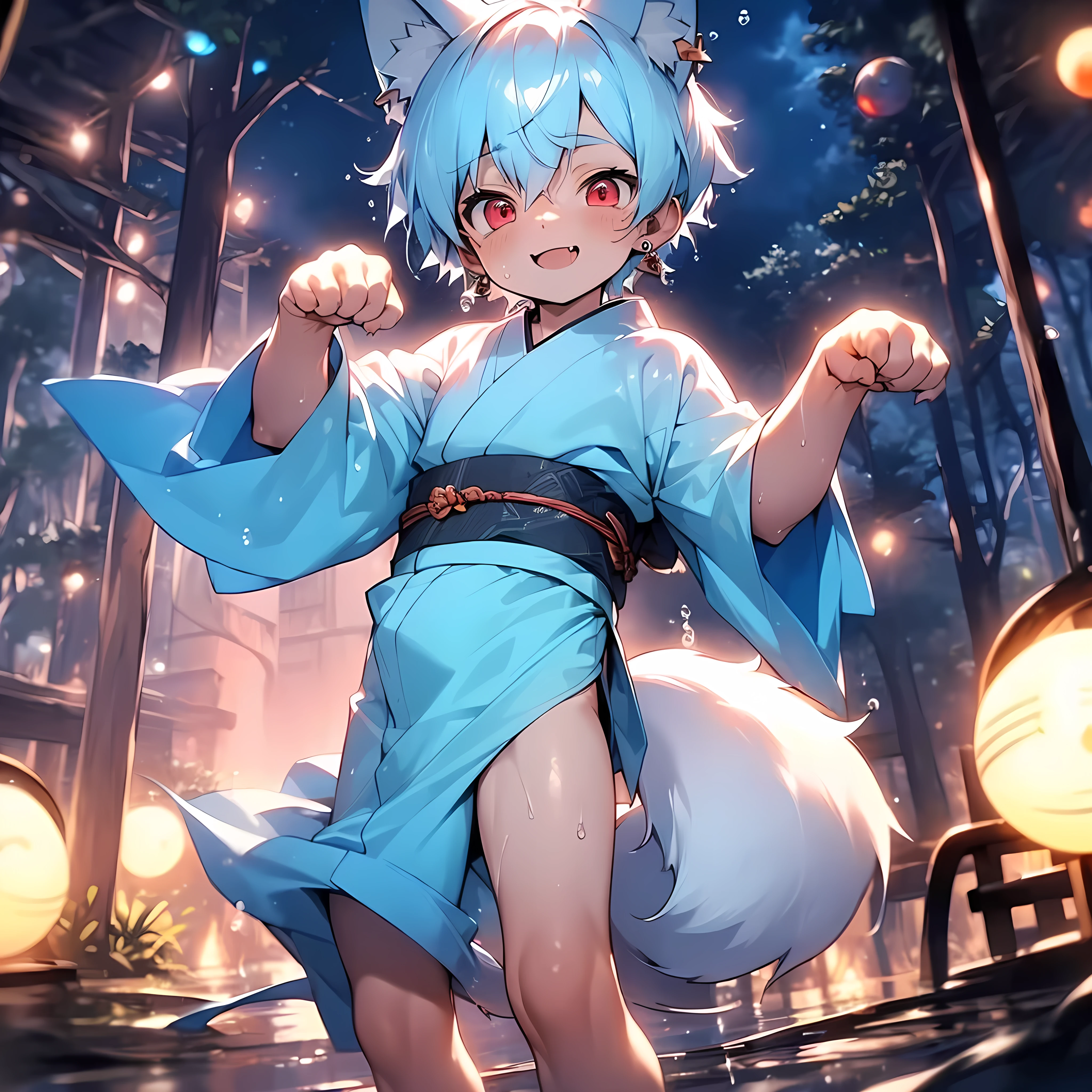 (solo:2), (boldline:-1.7), (dynamic), (paw pose:1.4), (arched back), ((bubble)), (standing:1.5), (spread legs:1.3), (((fang))), (((best finger))), BREAK (best quality:1.5), (absolutely resolution:1.5), (ultra detailed:1.5), (masterpiece:1.5), (perfect face), (detailed face), (detailed eyes), (best eyes), (cute face), (shota:2.1), BREAK (blue kimono:1.5), BREAK (white loincloth:1.5), (fox ears:1.5), (fox tail:1.75), (see throgh wet clothes:1.3), (bulge:1.6), (skinny:1.3), BREAK (light blue hair:1.5), (spiked hands), (wine red eyes:1.4), (eyes with highlight:1.6), ((mole under eye)), (sweaty skin), (chuckling:1.5), ((earrings)), (shiny skin:1.3), BREAK (forest:1.5), (blun orbs:1.5), (((at night))), ((wind blowing)), ((nipple)), (abs), groin, (from above), look up,