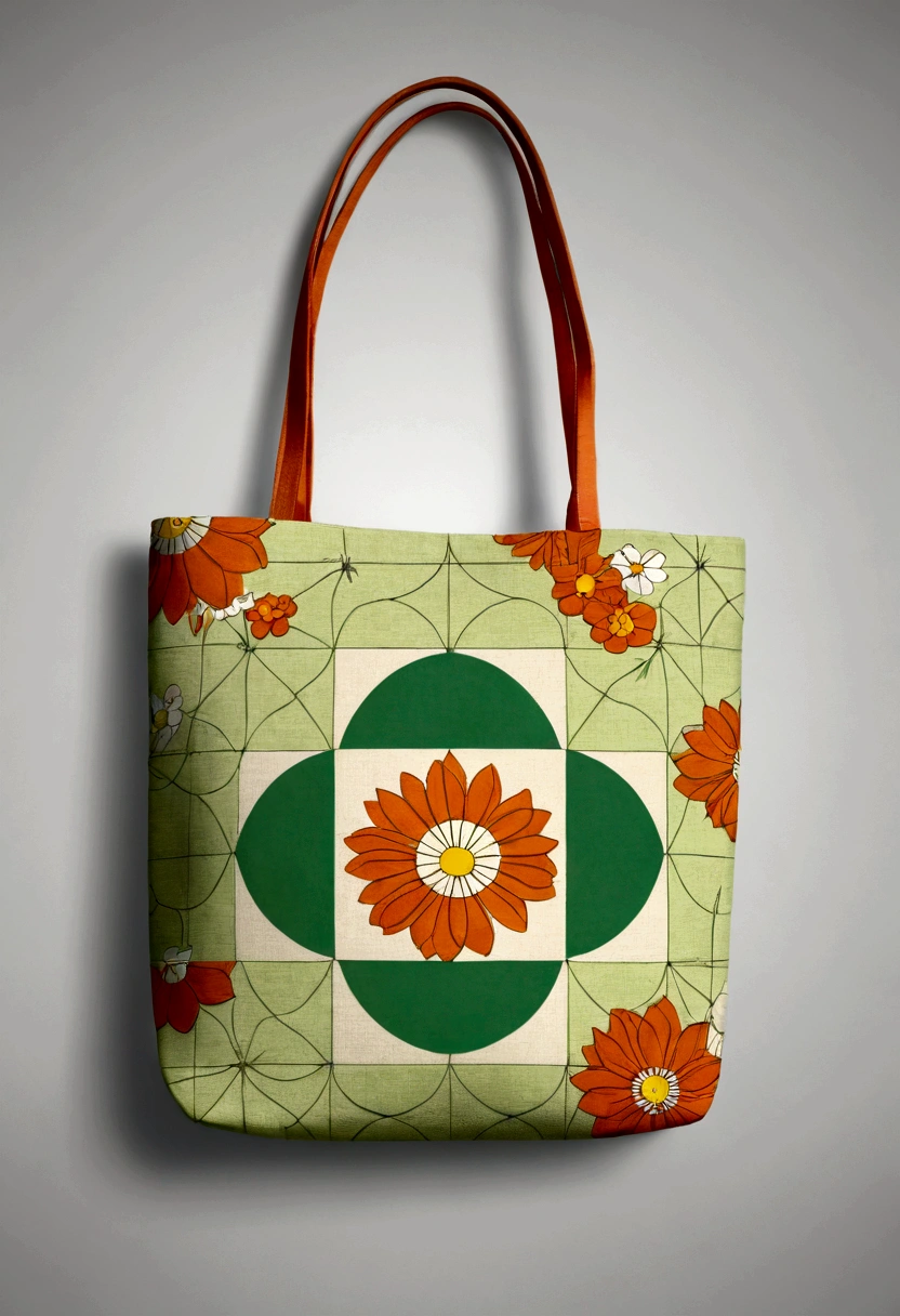 （Canvas Tote Bag Design：1.37），lattice，line，Simplicity，modern，upscale，cute，Color blocking，Flowers，Taiping Life Insurance Logo,Orange，Light green，illustration，Animation，Pixar，in style of geometric,beautiful detailed