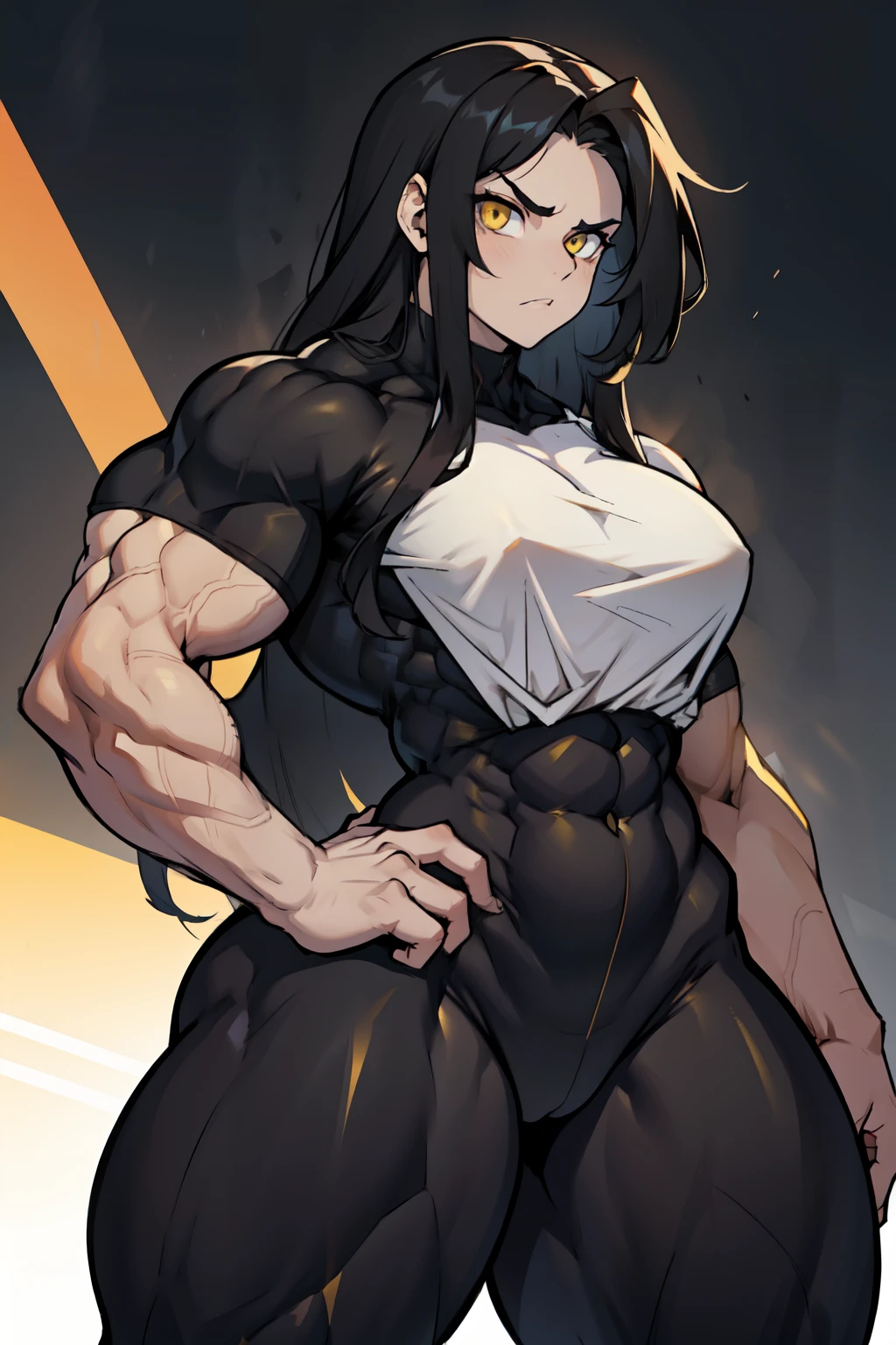 pale skin very long hair 1 girl black hair yellow eyes angry ((1 girl muscular toned body)) bodybuilder curvy wide hips thick thighs tight shirt huge