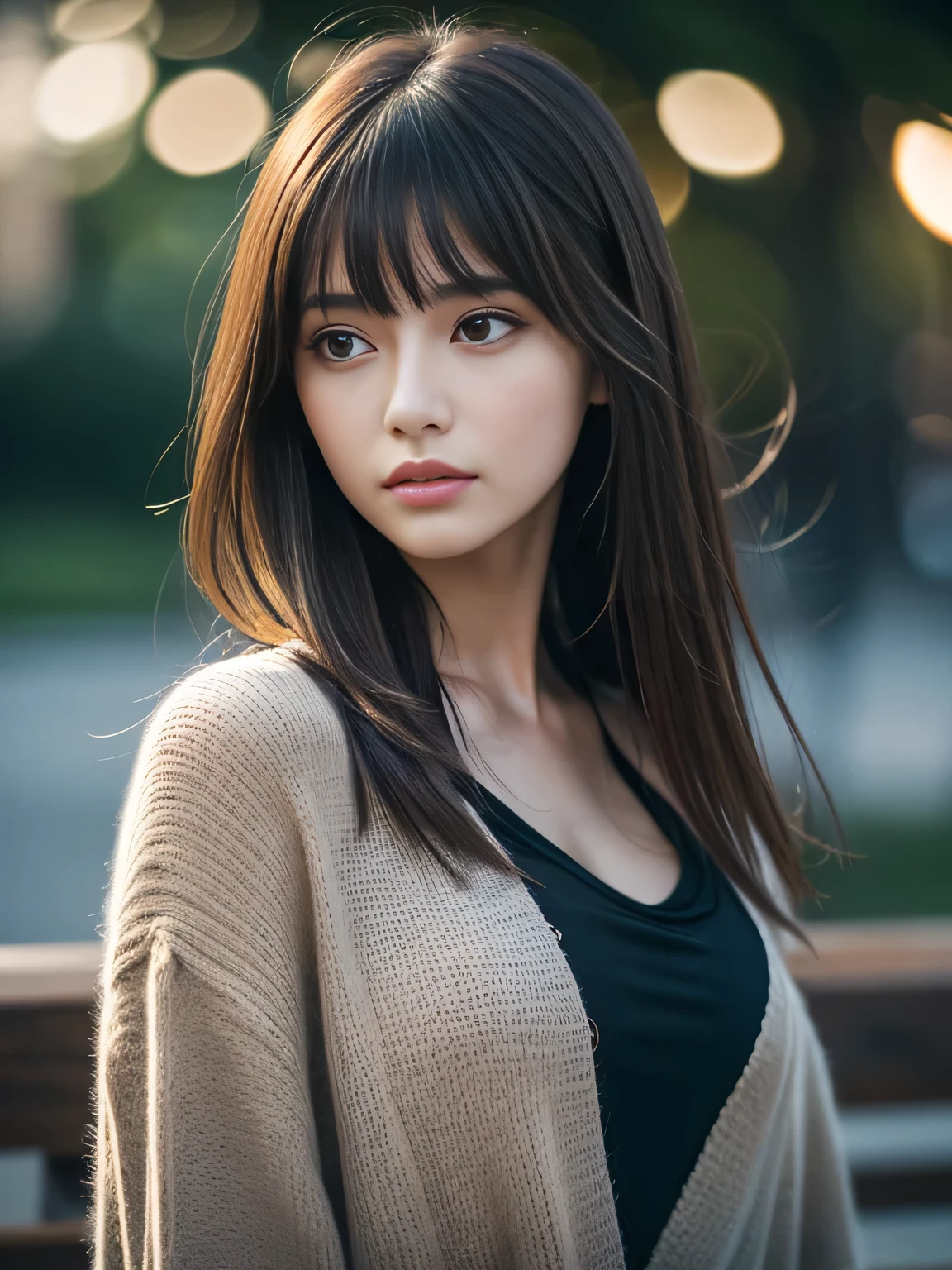 (Raw photo, Best Quality), (Realistic, Photorealsitic:1.4), masterpiece, extremely delicate and beautiful, Extremely detailed, 8k wallpaper, amazing, finely detail, extremely detailed CG Unity, hight resolution, 1girl, black knit, loose clothes, Colored eyelashes, (hair messy, asymmetrical bangs, light brown hair), (Moonlight, Darkness, Park at night without lights), dimly light, modern, vogue, stylish, face focus, close up, portrait,
