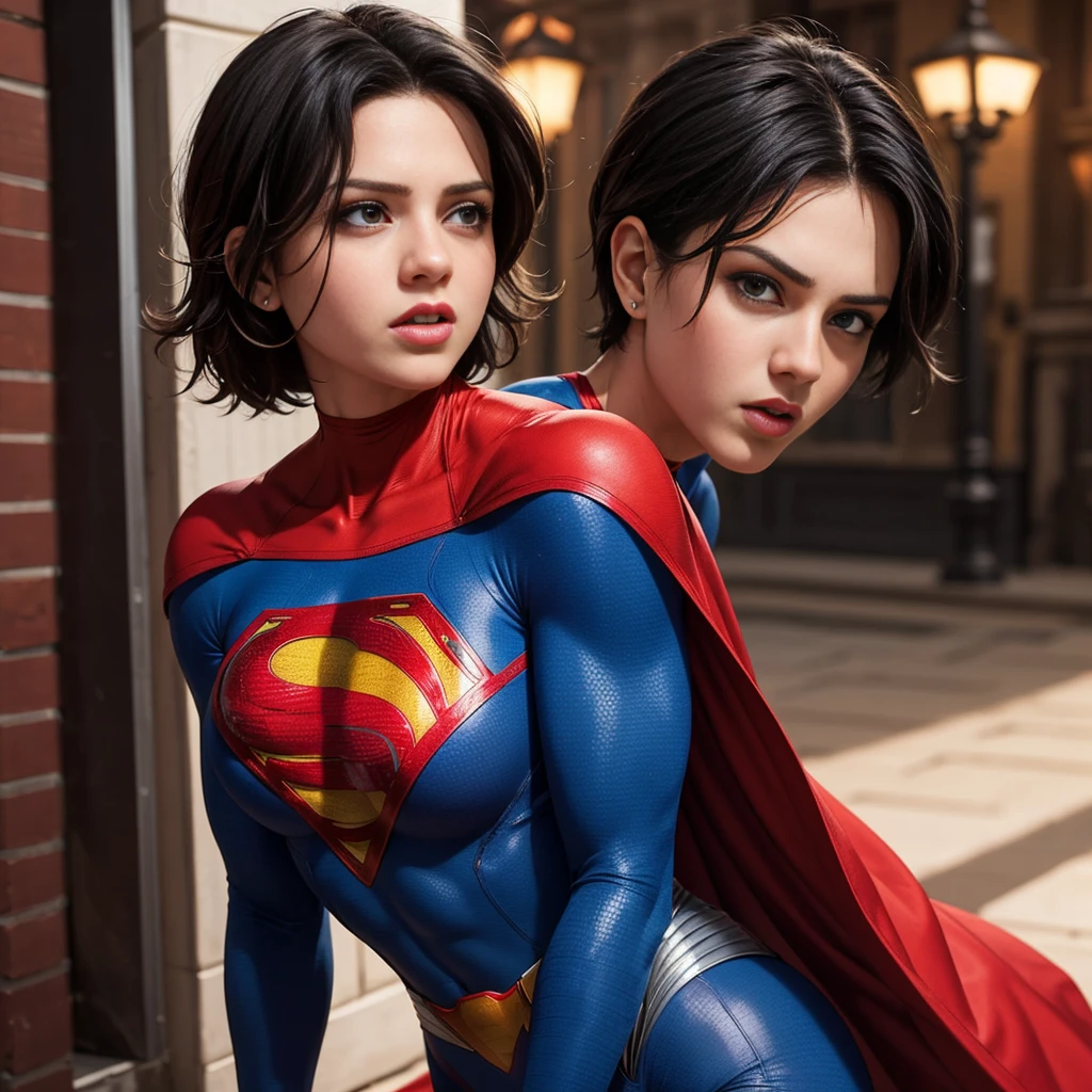 solo, 1girl, Femlander, supergirl, black hair, pixie haircut, blue eyes, blue bodysuit, long sleeves,muscular jacked body,big bulging biceps, red cape, red gloves, belt,