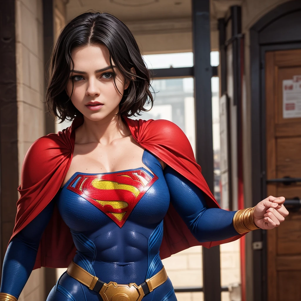 solo, 1girl, Femlander, supergirl, black hair, pixie haircut, blue eyes, blue bodysuit, long sleeves,muscular jacked body,big bulging biceps, red cape, red gloves, belt,