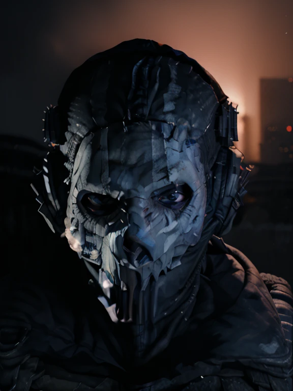 ghost mask, blue helmet and uniform, Men in mask portrait, military, close-up, contra-luz, ultrarealistic, ray tracing, storm in background, blue cinema lighting, fire and sparks in the background