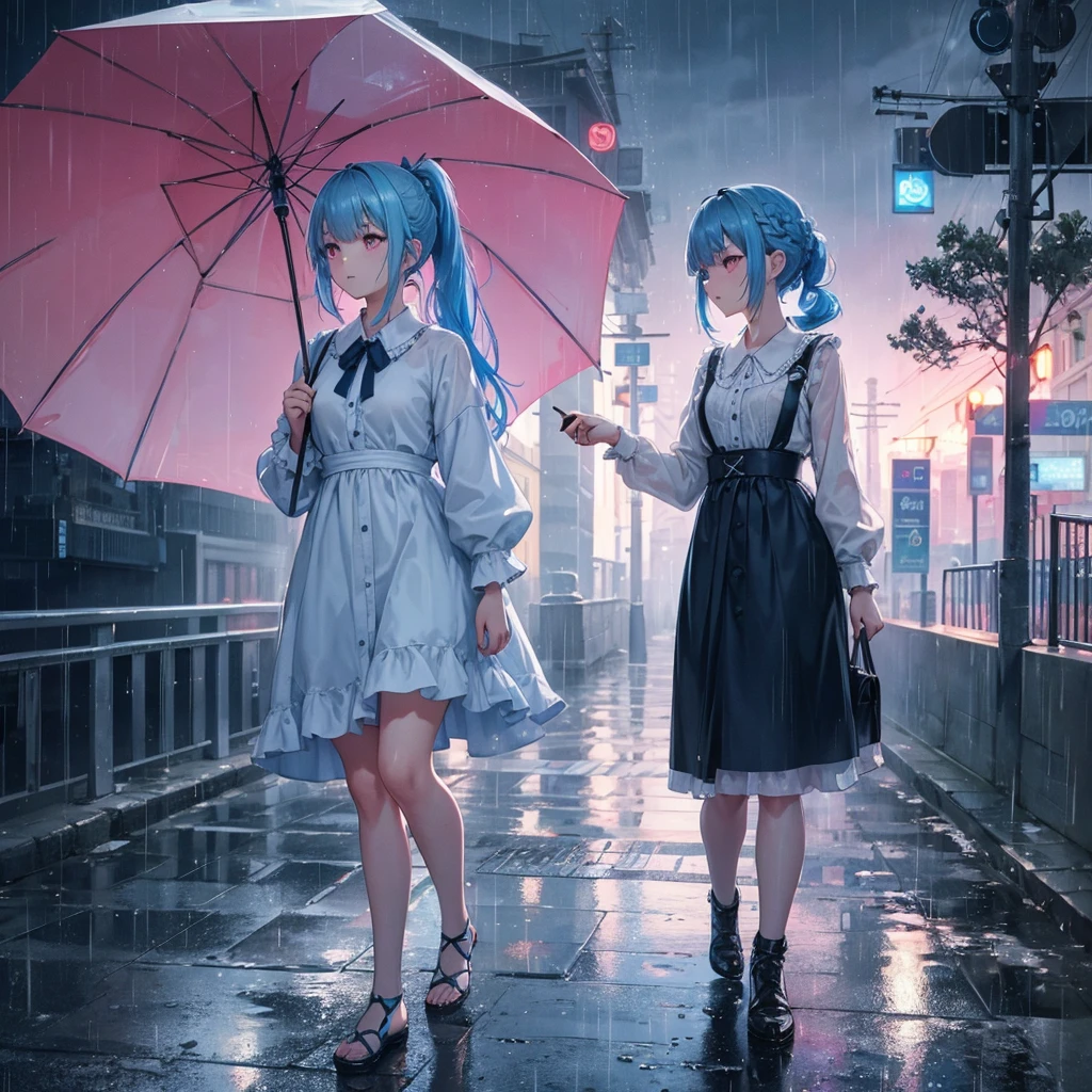 sky Blue hair, (braided ponytail),(pink eyes),fair skin ,(full body),(1 girl),bride,sad,Straight Bangs,rainy season,rainy,(masterpiece, best quality, ultra-detailed, best shadow), (detailed background), (beautiful detailed face), high contrast, (best illumination, an extremely delicate and beautiful), ((cinematic light)), colorful, hyper detail, dramatic light, intricate details,Walking in the rain with an umbrella,