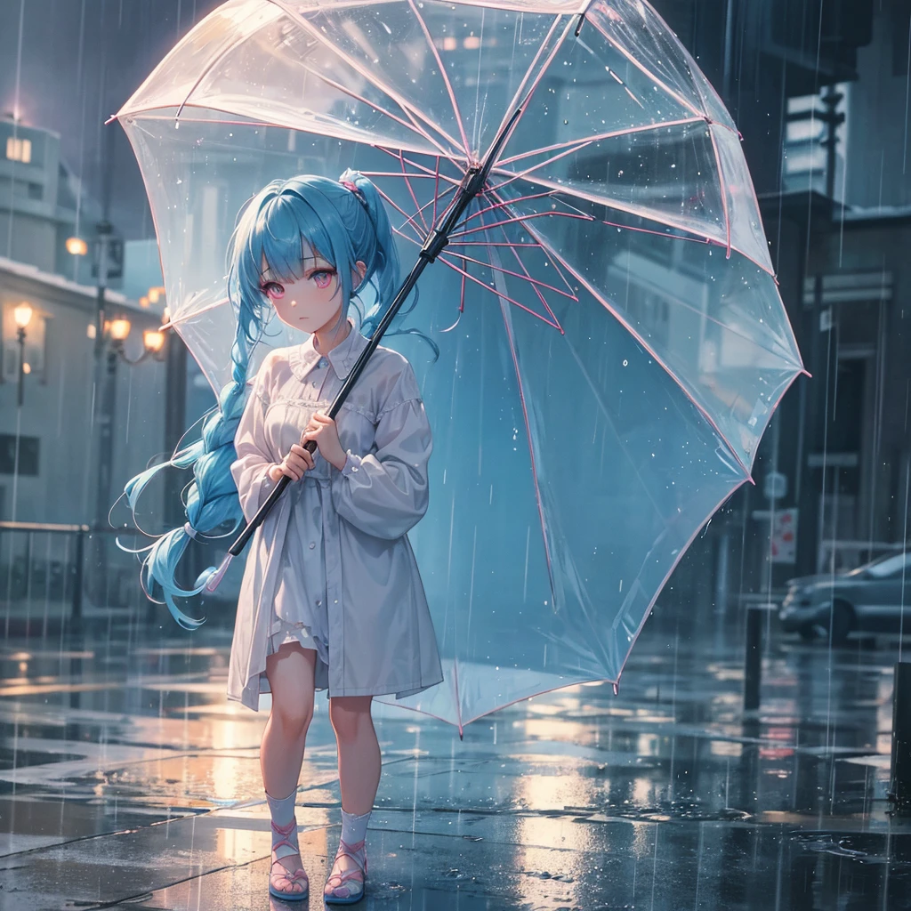sky Blue hair, (braided ponytail),(pink eyes),fair skin ,(full body),(1 girl),bride,sad,Straight Bangs,rainy season,rainy,(masterpiece, best quality, ultra-detailed, best shadow), (detailed background), (beautiful detailed face), high contrast, (best illumination, an extremely delicate and beautiful), ((cinematic light)), colorful, hyper detail, dramatic light, intricate details,Walking in the rain with an umbrella,