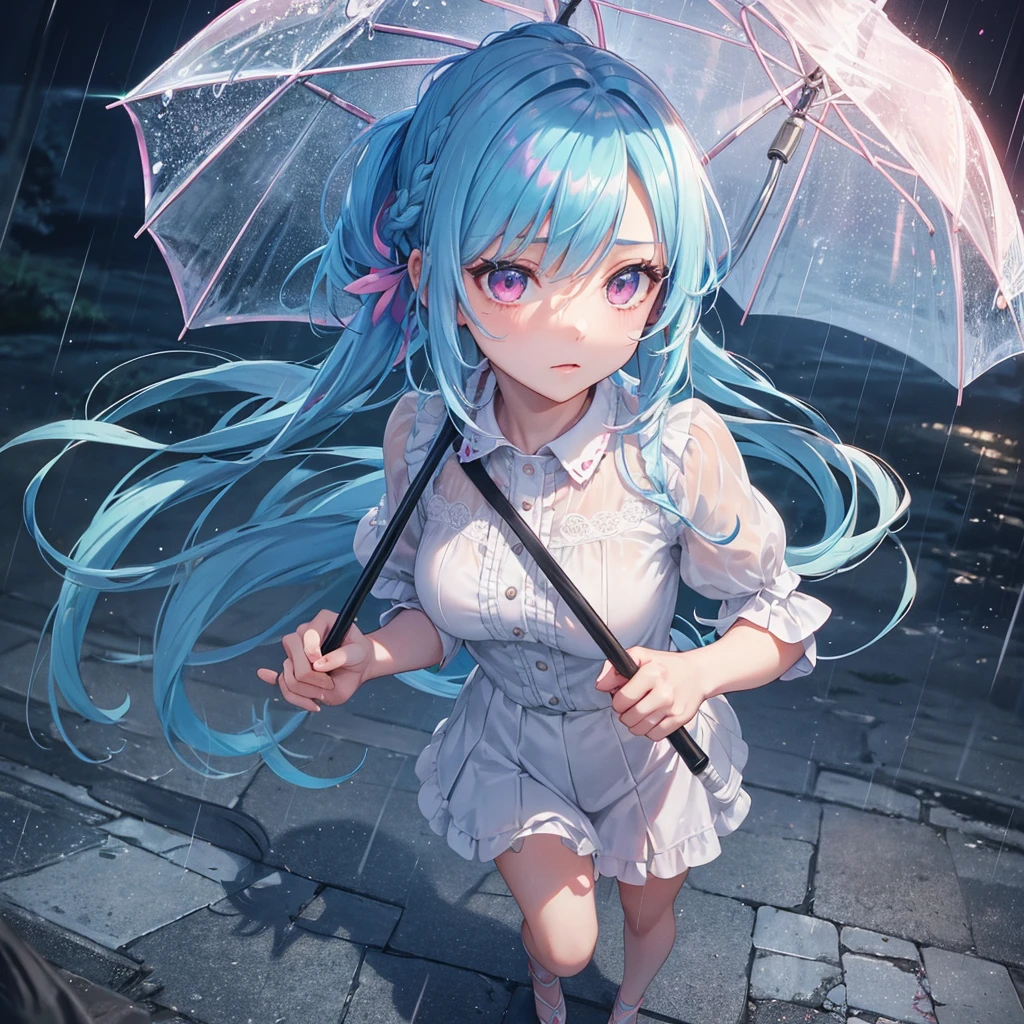 sky Blue hair, (braided ponytail),(pink eyes),fair skin ,(full body),(1 girl),bride,sad,Straight Bangs,rainy season,rainy,(masterpiece, best quality, ultra-detailed, best shadow), (detailed background), (beautiful detailed face), high contrast, (best illumination, an extremely delicate and beautiful), ((cinematic light)), colorful, hyper detail, dramatic light, intricate details,Walking in the rain with an umbrella,