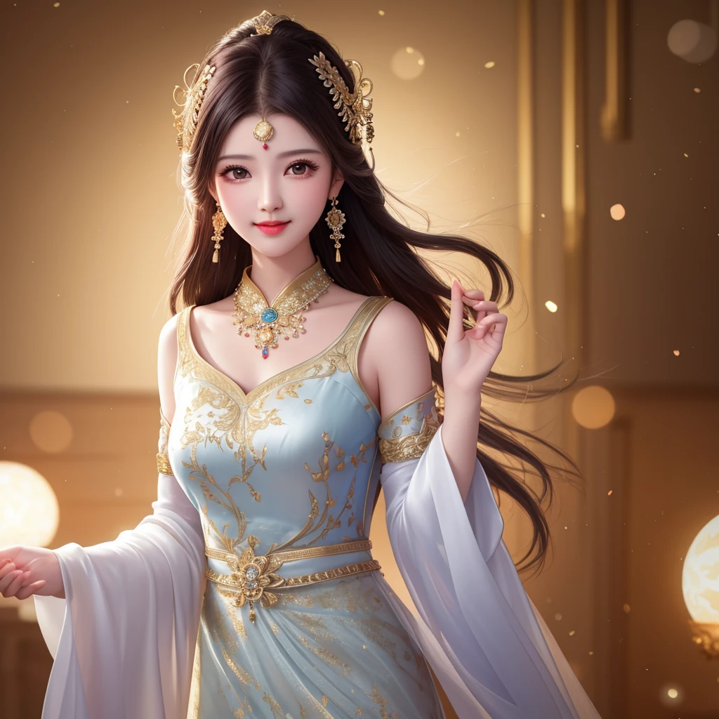 best quality, masterpiece, highres, 1girl, transparent silk china dress, beautiful face, hair ornament, looking at viewer, smile, closed mouth,lips, dress,hair ornament, necklace, jewelry, long hair, earrings, Beautiful face,upon_body, tyndall effect,photorealistic, dark studio, rim lighting, two tone lighting,(high detailed skin:1.2), 8k uhd, dslr, soft lighting, high quality, volumetric lighting, candid, Photograph, high resolution, 4k, 8k, Bokeh