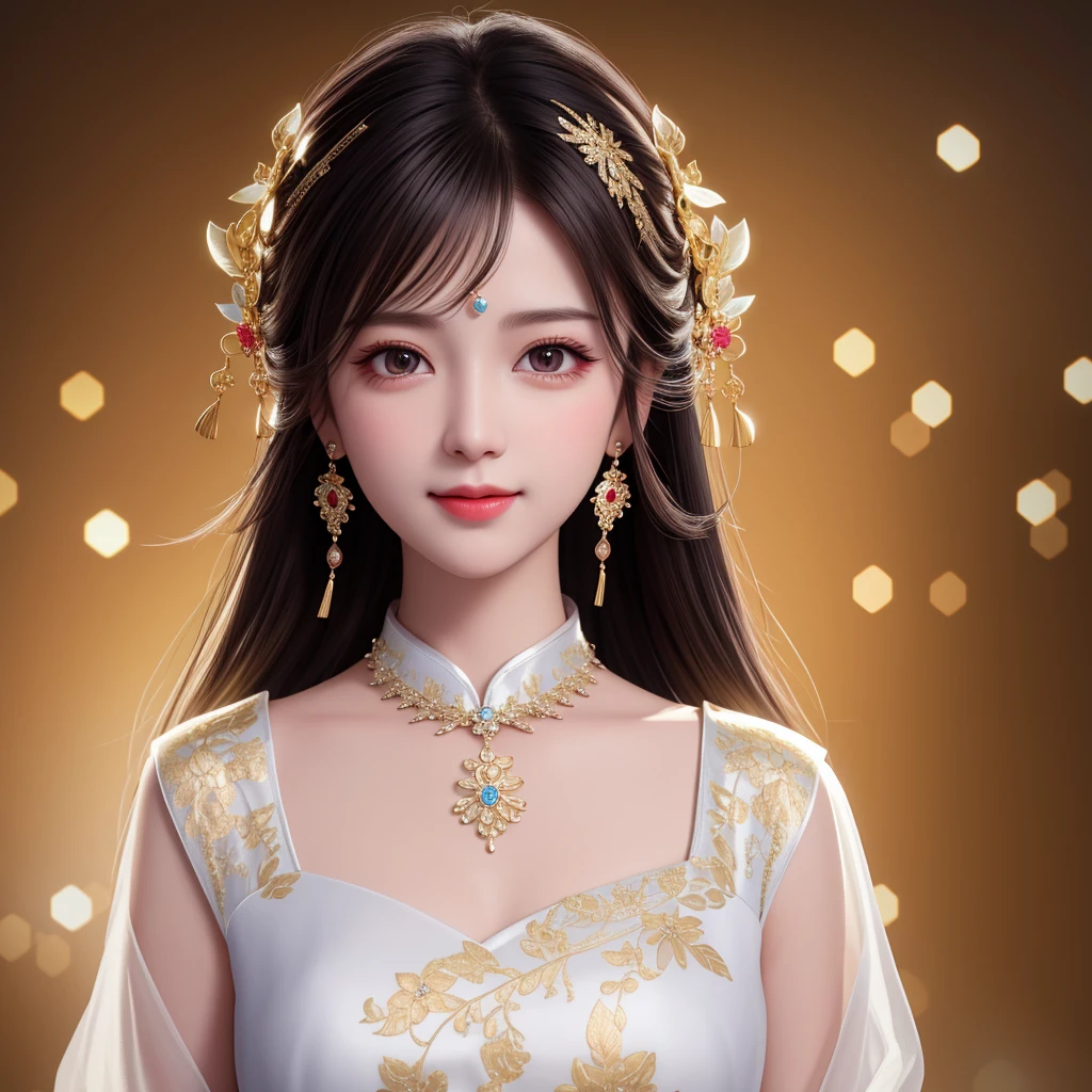 best quality, masterpiece, highres, 1girl, transparent silk china dress, beautiful face, hair ornament, looking at viewer, smile, closed mouth,lips, dress,hair ornament, necklace, jewelry, long hair, earrings, Beautiful face,upon_body, tyndall effect,photorealistic, dark studio, rim lighting, two tone lighting,(high detailed skin:1.2), 8k uhd, dslr, soft lighting, high quality, volumetric lighting, candid, Photograph, high resolution, 4k, 8k, Bokeh