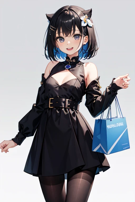 Black Hair、Iris、Short Hair、Girl、cute、16 years old、The clothes are long sleeved and brightly colored.、Wearing black pantyhose、Happy smile、、Small breasts、The background is a shopping mall、Small hair ornament、