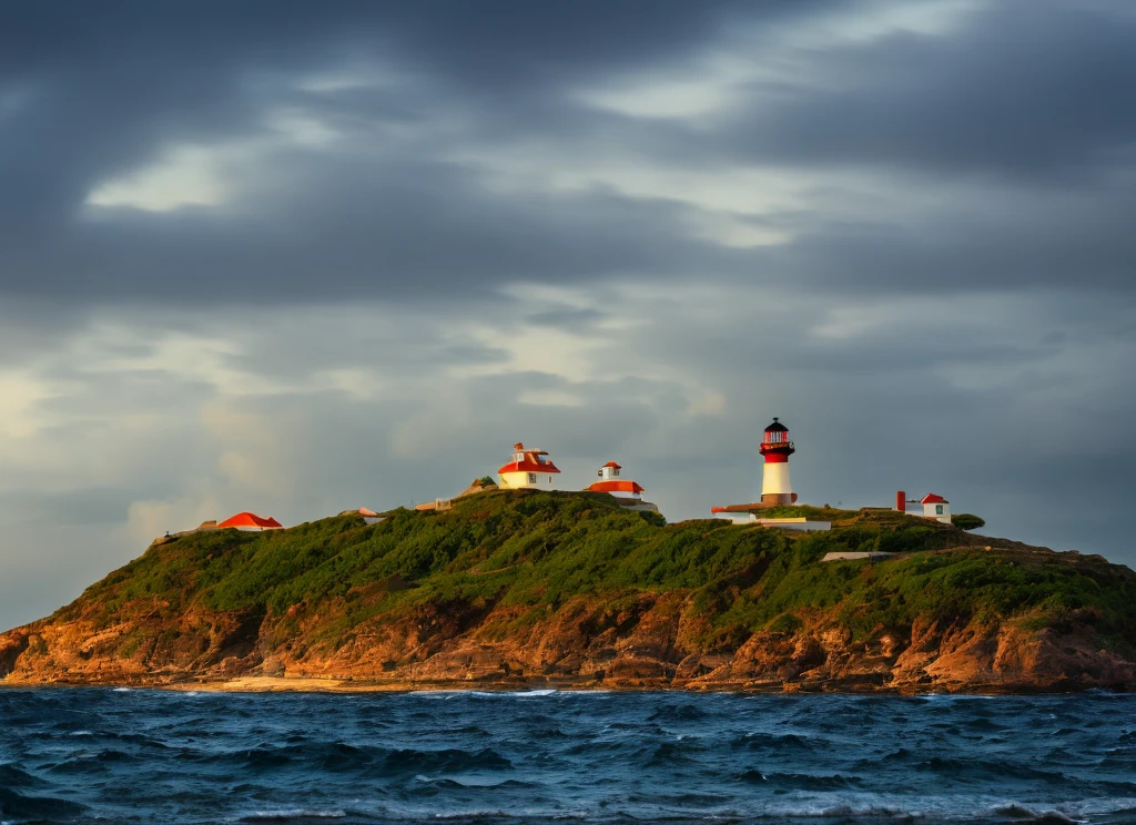 An island with a lighthouse at night,dark cloudy sky