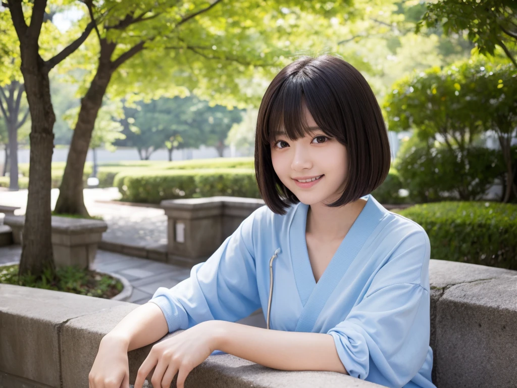 (best quality:1.2), masterpiece, Realistic, Ultra-high resolution, (((1 Japanese woman:1.2))), , Bobcut, ((wearing write camisole:1.2)), smile, Park during the day