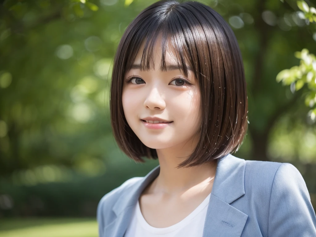 (best quality:1.2), masterpiece, Realistic, Ultra-high resolution, (((1 Japanese woman:1.2))), 17 years old, Bobcut, ((wearing write camisole:1.2)), smile, Park during the day