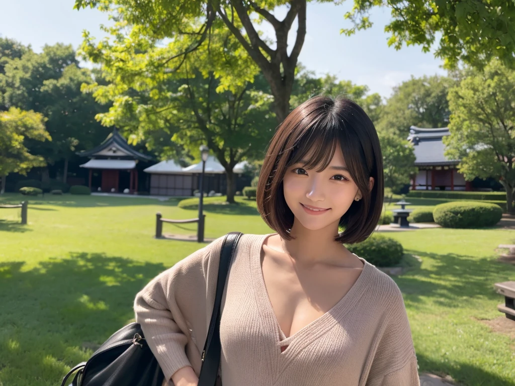 (best quality:1.2), masterpiece, Realistic, Ultra-high resolution, (((1 Japanese woman:1.2))), 17 years old, Bobcut, ((wearing write camisole:1.2)), smile, Park during the day
