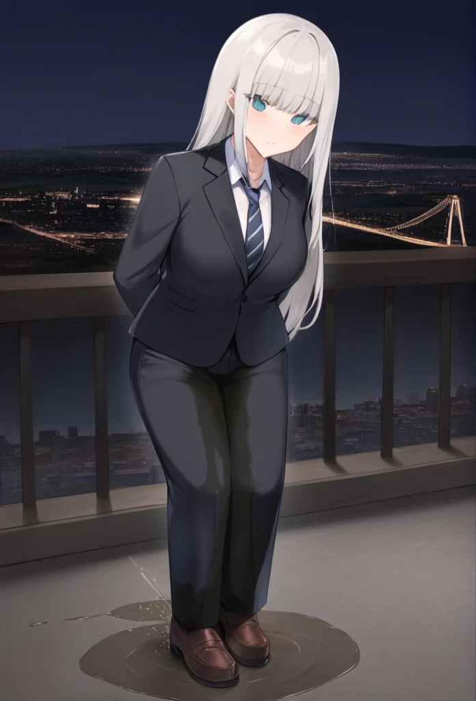 (masutepiece,High quality,16k:1.1),(depth of fields:1.3) ,((front body:1.35)),slovakian ,mature Woman, ((business suit, black vertical striped pencil skirt )), voluptuous,(Looking at Viewer:1.3),(full body shot:1.2),(Beautiful night view of town:1.2),peeing self, wetting her clothes,