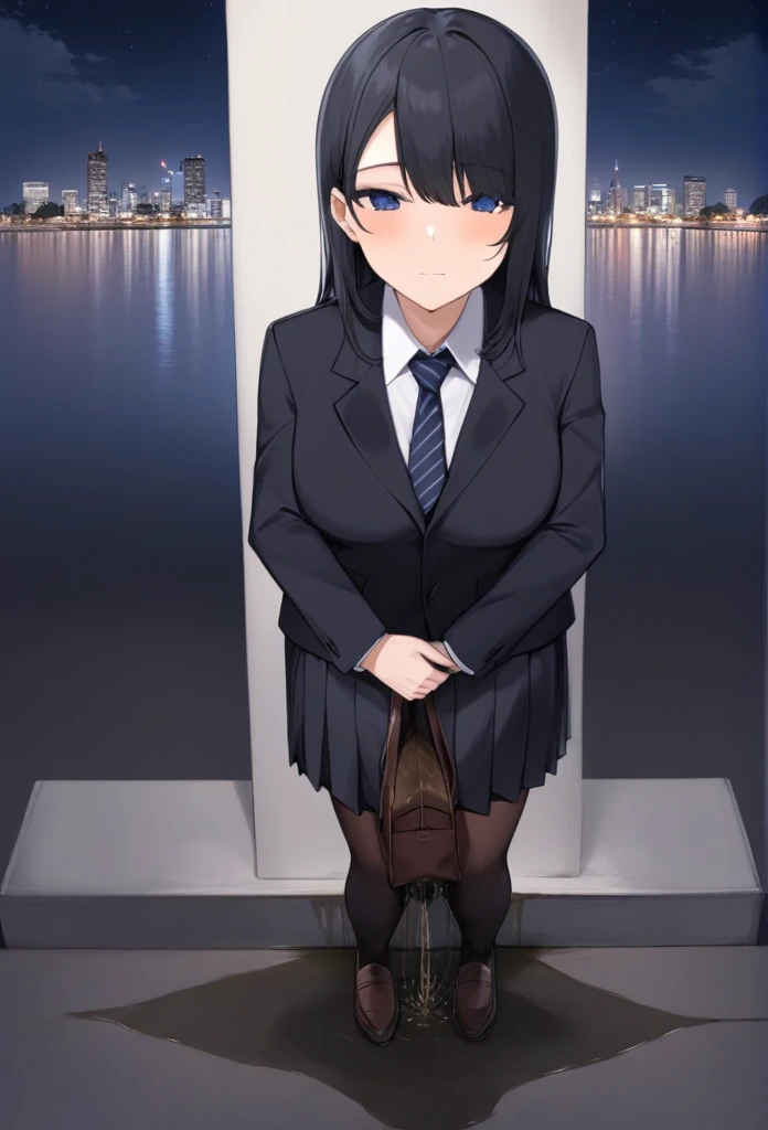 (masutepiece,High quality,16k:1.1),(depth of fields:1.3) ,((front body:1.35)),slovakian ,mature Woman, ((business suit, black vertical striped pencil skirt )), voluptuous,(Looking at Viewer:1.3),(full body shot:1.2),(Beautiful night view of town:1.2),peeing self, wetting her clothes,