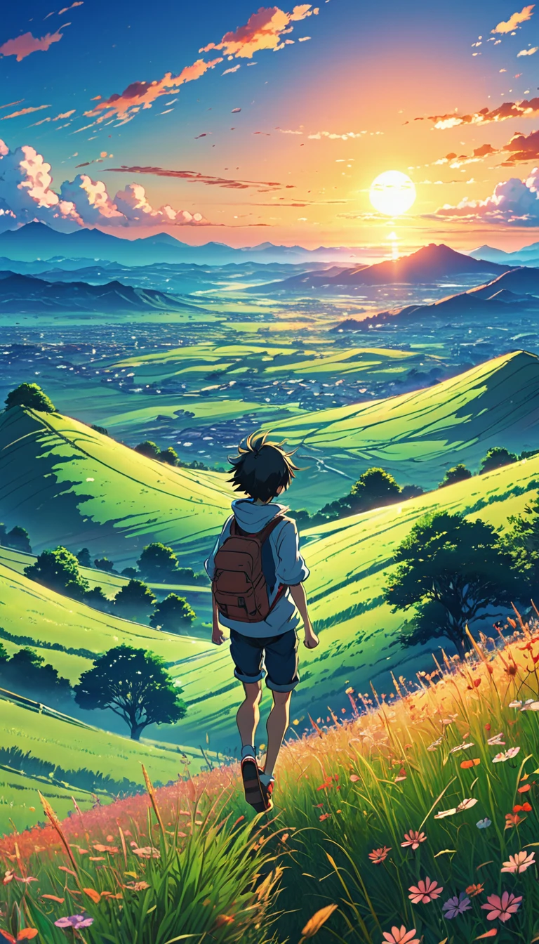 Anime landscape of The image shows a boy jumping in the air from a hill, meadow, at sunset, seen from afar, a beautiful colorful anime scene, seen from afar, a beautiful anime scene of peace, Makoto Shinkai Cyril Rolando, beautiful anime scene, amazing wallpaper, 8k anime art wallpaper, anime background, artistic anime background, 4k anime wallpaper, 4k anime art wallpaper, wallpaper anime art 4k,