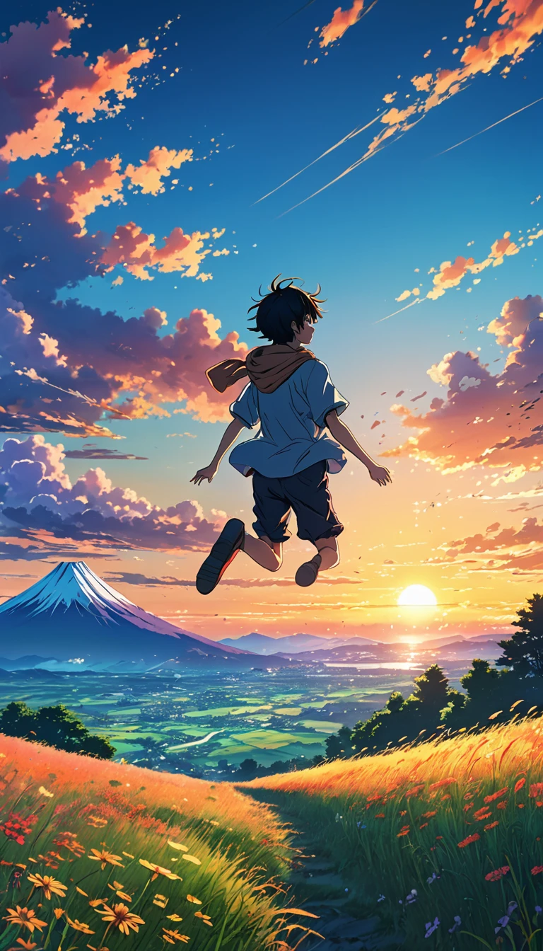 Anime landscape of The image shows a boy jumping in the air from a hill, meadow, at sunset, seen from afar, a beautiful colorful anime scene, seen from afar, a beautiful anime scene of peace, Makoto Shinkai Cyril Rolando, beautiful anime scene, amazing wallpaper, 8k anime art wallpaper, anime background, artistic anime background, 4k anime wallpaper, 4k anime art wallpaper, wallpaper anime art 4k,