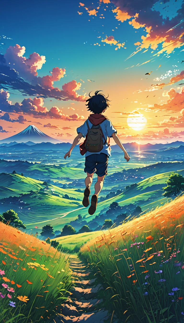 Anime landscape of The image shows a boy jumping in the air from a hill, meadow, at sunset, seen from afar, a beautiful colorful anime scene, seen from afar, a beautiful anime scene of peace, Makoto Shinkai Cyril Rolando, beautiful anime scene, amazing wallpaper, 8k anime art wallpaper, anime background, artistic anime background, 4k anime wallpaper, 4k anime art wallpaper, wallpaper anime art 4k,