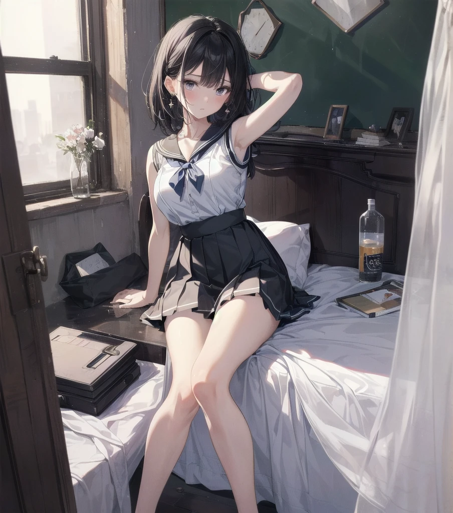 ((((absurdres, RAW photo, extremely delicate and beautiful, masterpiece, Best Quality, ultra high resolution, 32k, hyperrealistic, realistic, photorealistic, photo-realistic, ultra-detailed)))), in her 20s, very Slim body, narrow waist, very small head, very small face, delicate facial features, beautiful face, beautiful eyes, very huge round tits, medium hair, black hair, tearful mole, earring, ((full body shot)), ((school uniform)), sailor uniform, sleeveless, bed, solo, alone, 1girl,