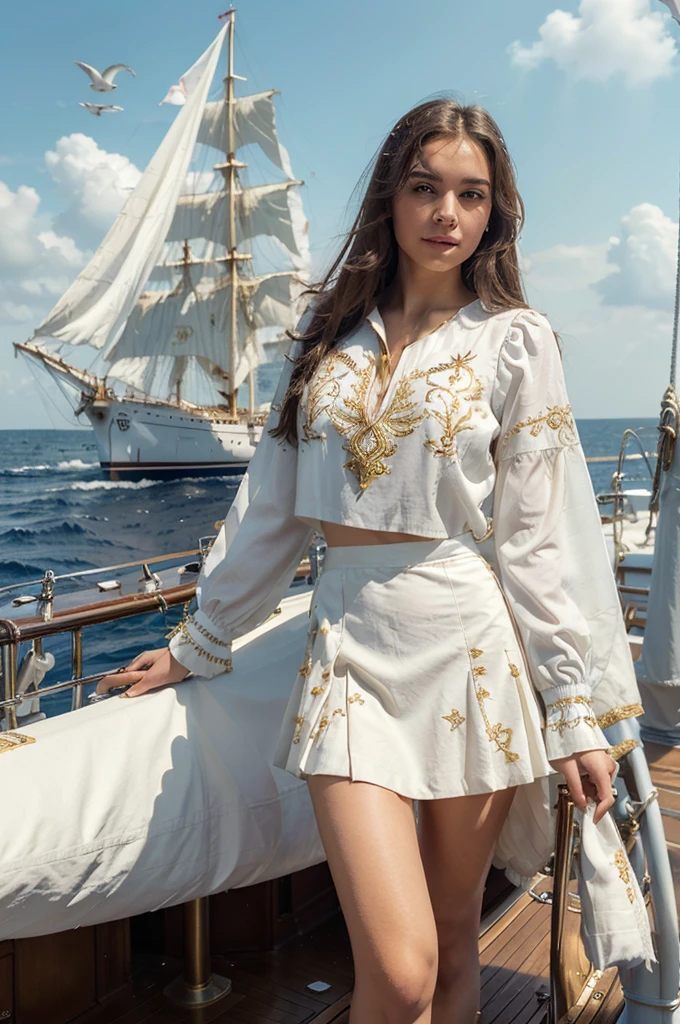 (((Masterpiece, highest quality, high definition, high detail)))), ((((Fantasy))), one, (short skirt of white with gold embroidery), (brownlong straight hair), (glossy dark browneyes), (white ruffled blouse embroidered with gold), big, (((on the deck of a sailing ship at sea)), (vast sea))), (The firmament with clouds visible)), (( Seagulls flying in the sky)), smile, (breeze), particles of light flying
, sexy clothes open
