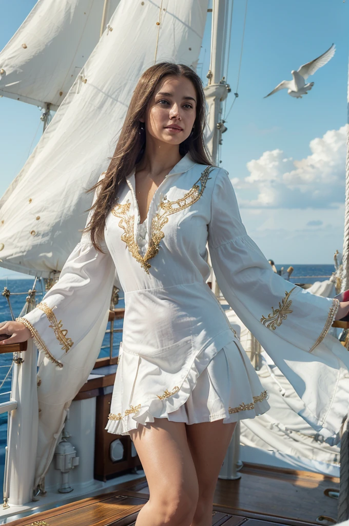 (((Masterpiece, highest quality, high definition, high detail)))), ((((Fantasy))), one, (short skirt of white with gold embroidery), (brownlong straight hair), (glossy dark browneyes), (white ruffled blouse embroidered with gold), big, (((on the deck of a sailing ship at sea)), (vast sea))), (The firmament with clouds visible)), (( Seagulls flying in the sky)), smile, (breeze), particles of light flying
, sexy clothes open