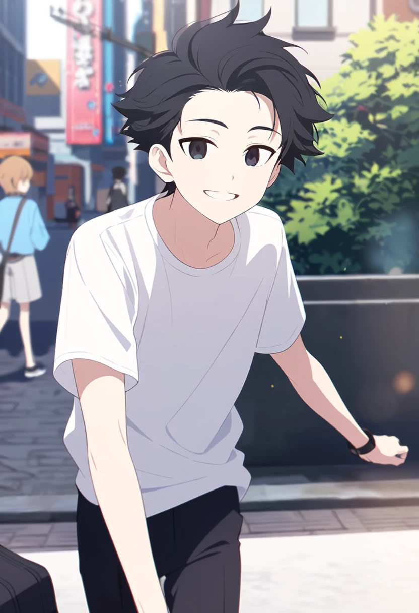 (One short boy,Black Hair,The hairstyle is short,Black Eye,Refreshing smile)Boy walking in the city,White Shirt、Black trousers,Face to the viewer