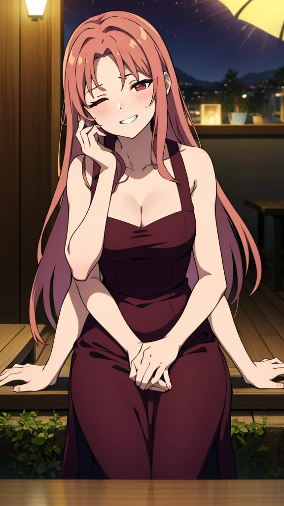 (1girl,20 years old),light red hair,long hair,golden and black dress, sleeveless,bare shoulders,smile,teeth,blush,extra arms,four arms,cleavage,pov across table,hand_on_own_face, head_rest, hand_on_own_cheek,at a party in a garden,night,looking at view,loving