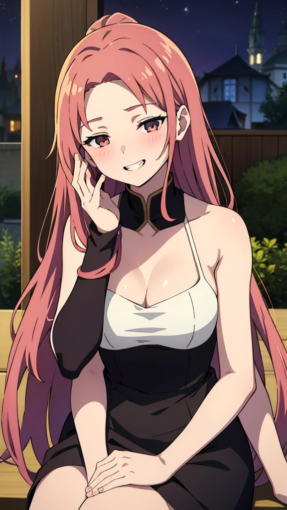 (1girl,20 years old),light red hair,long hair,golden and black dress, sleeveless,bare shoulders,smile,teeth,blush,extra arms,four arms,cleavage,pov across table,hand_on_own_face, head_rest, hand_on_own_cheek,at a party in a garden,night,looking at view,loving