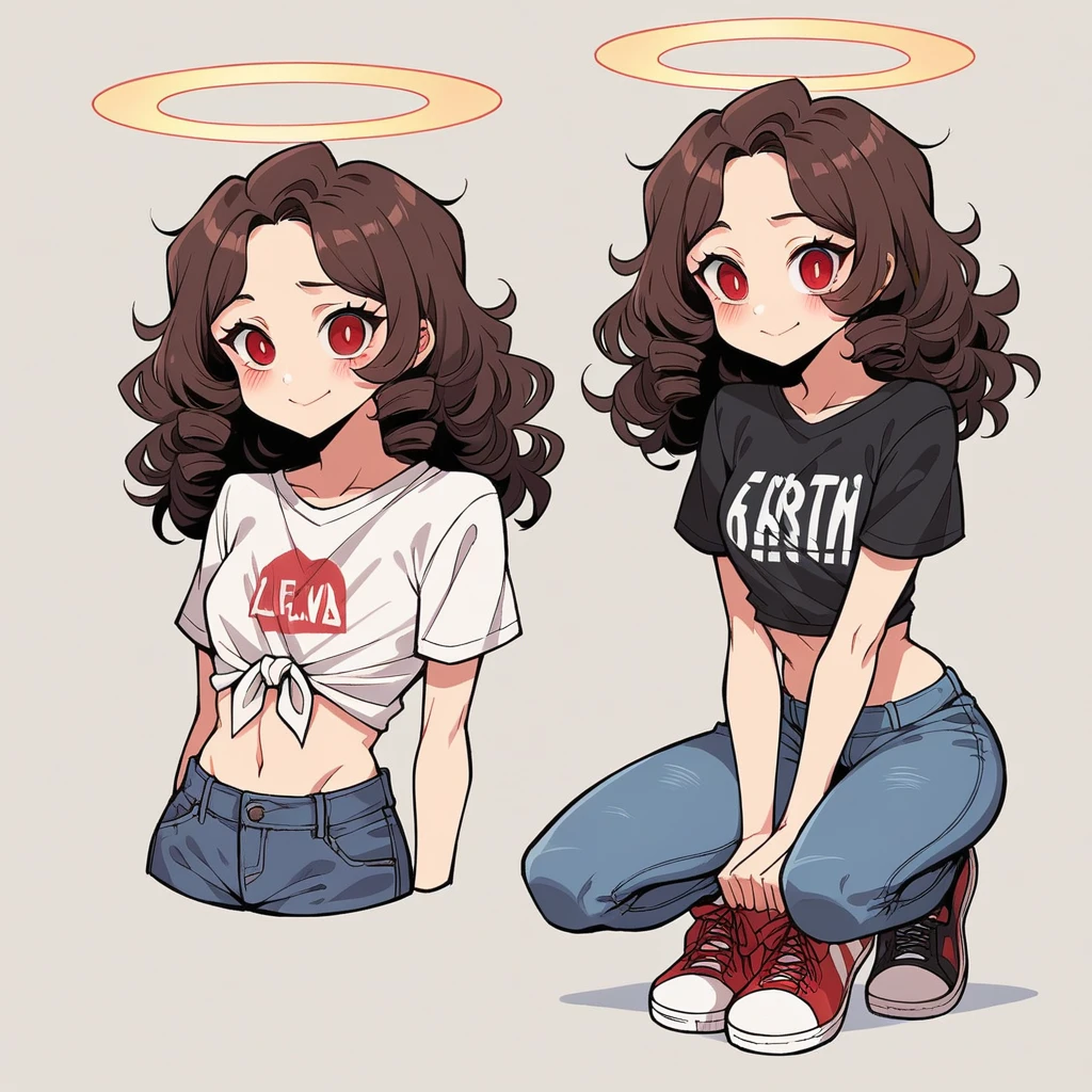 score_9, score_8_up, tied-up cropped shirt, slim jeans, high-top sneakers, small breasts, two-tone hair (brown hair, black tip)), curly hair, halo, sunglasses, jewelry, red eyes, longeyelashes, red eyes, smile, shy, blush, pose
