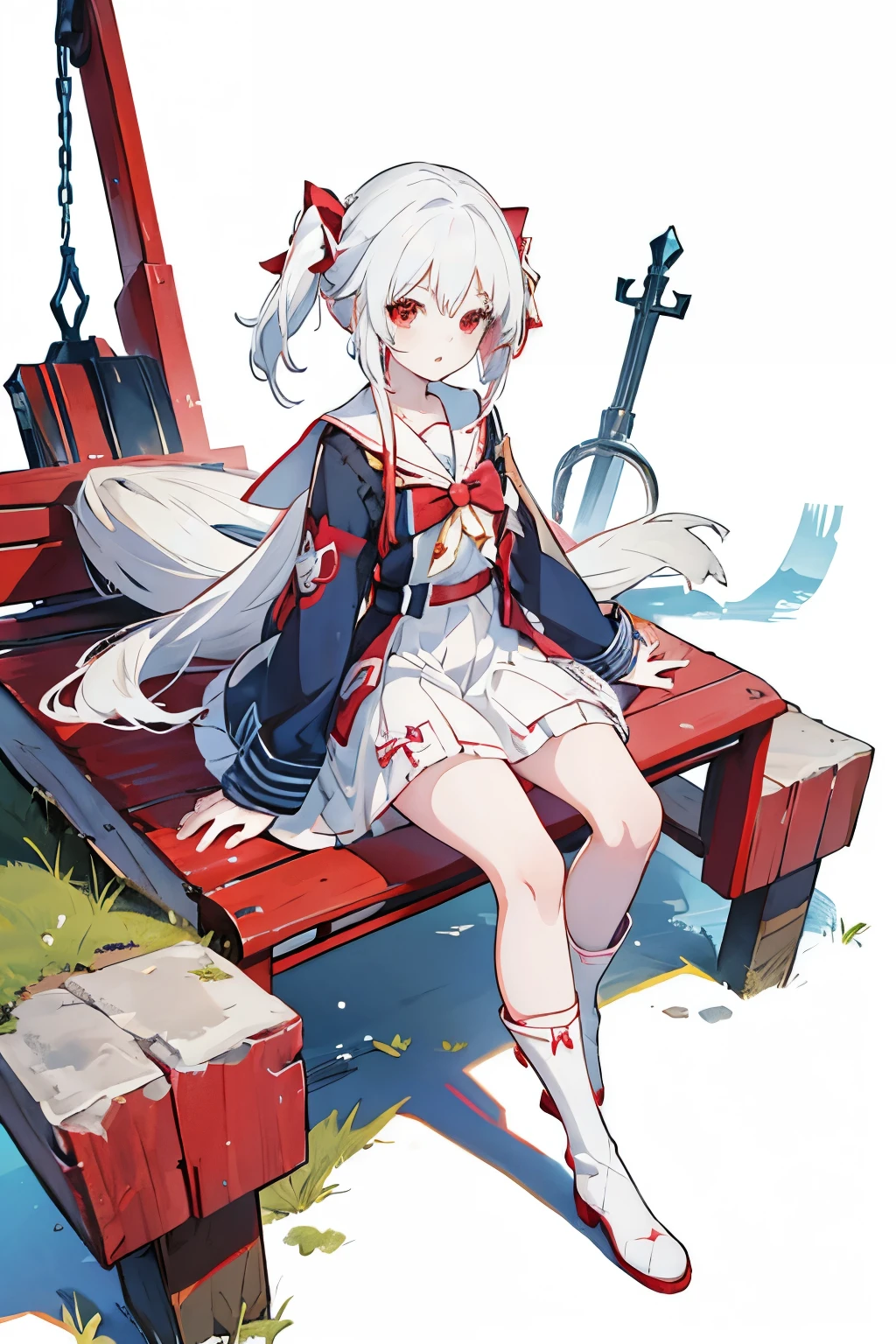 Anime Girls with white hair and red bow sitting on the ground, Sailor dress, Cute girl anime visuals, young Anime Girls, Anime Best Girl, (Anime Girls), pretty Anime Girls, White Hair Girl, beautiful Anime Girls, White background、Full-body portrait、Brown boots、Red Eyes、Marine color dress、Knee-high socks、whiteback、Standing girl