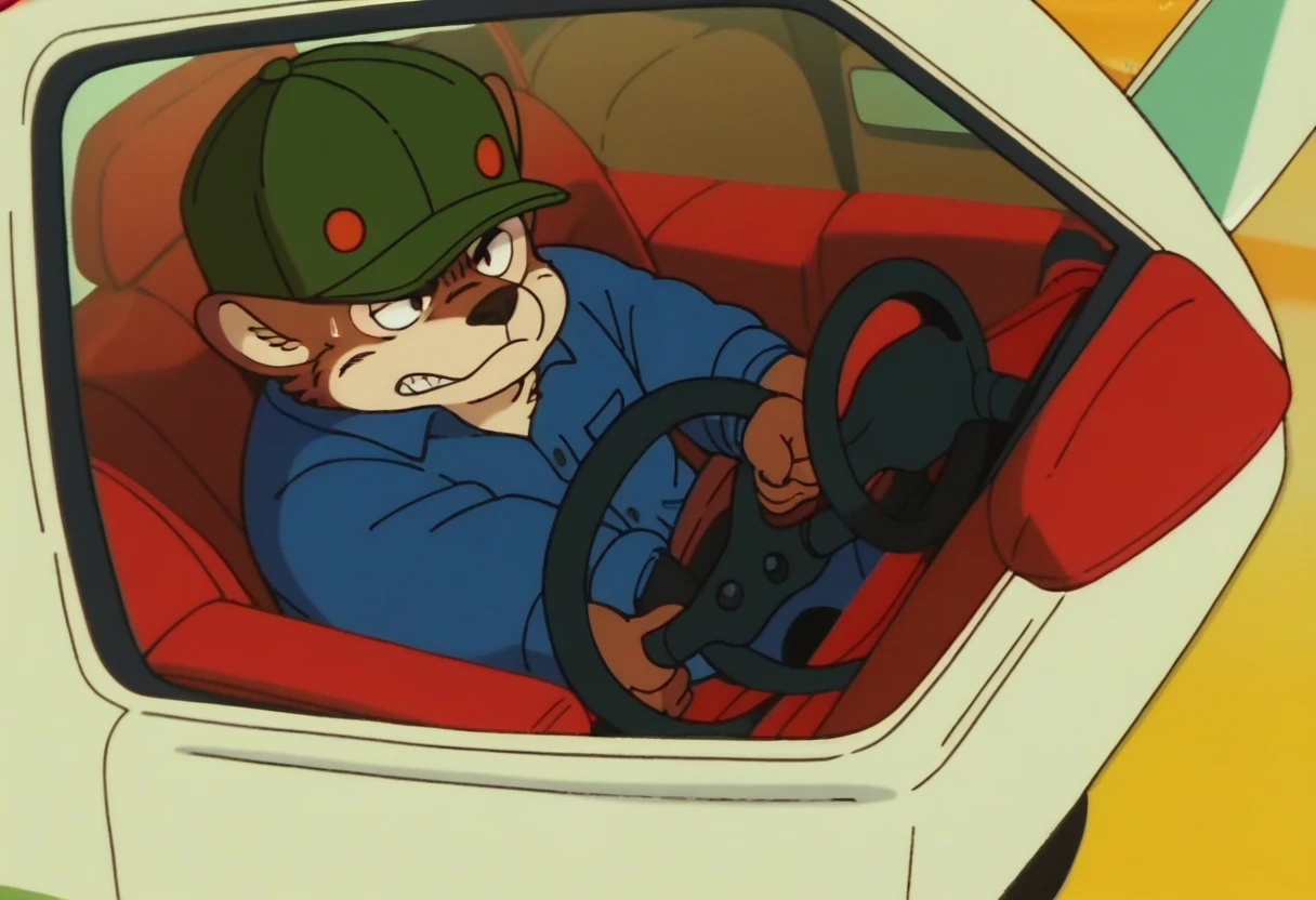 anime screencap,drgbls1, solo, anthro panther,male,chauffeur, score_9, score_8_up, score_7_up, score_6_up, driving limo, hat