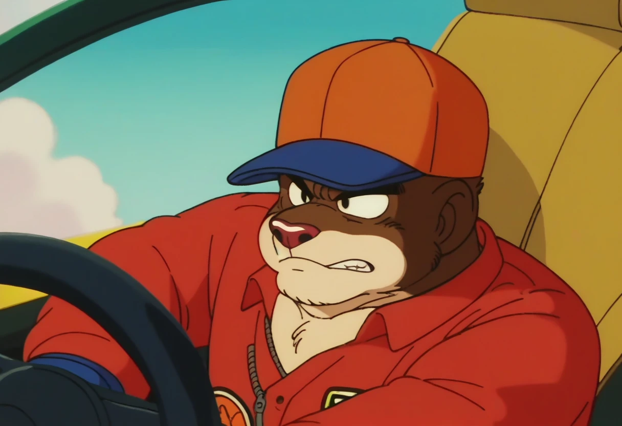 anime screencap,drgbls1, solo, anthro panther,male,chauffeur, score_9, score_8_up, score_7_up, score_6_up, driving limo, hat