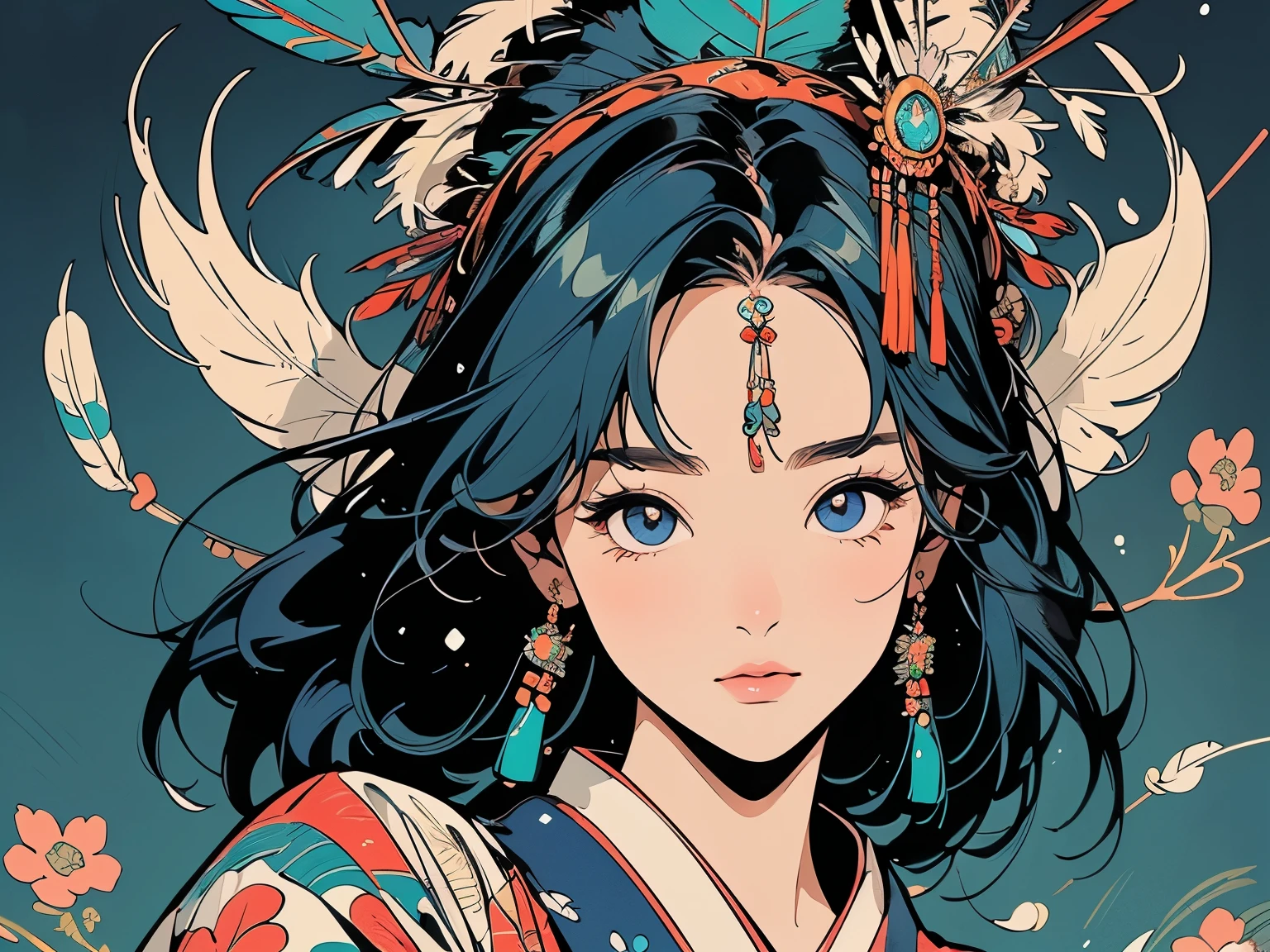 kimono, 完璧なkimono, 詳細なkimono, first-class, Super detailed, (((Super detailedな装飾))),One Woman, Perfect Face, Faint lighting, (((head shot))), Super detailedな髪、(((Sparkling Eyes))),mysterious, The wind is blowing, Panorama, Long Shot, (((Beautiful narrow-eyed monster))),(((Indian feather headdress))),Upper Body,Detailed face、Best quality face、(((Large feather ornament))),peacock feathers、(((Japanese pattern background)))